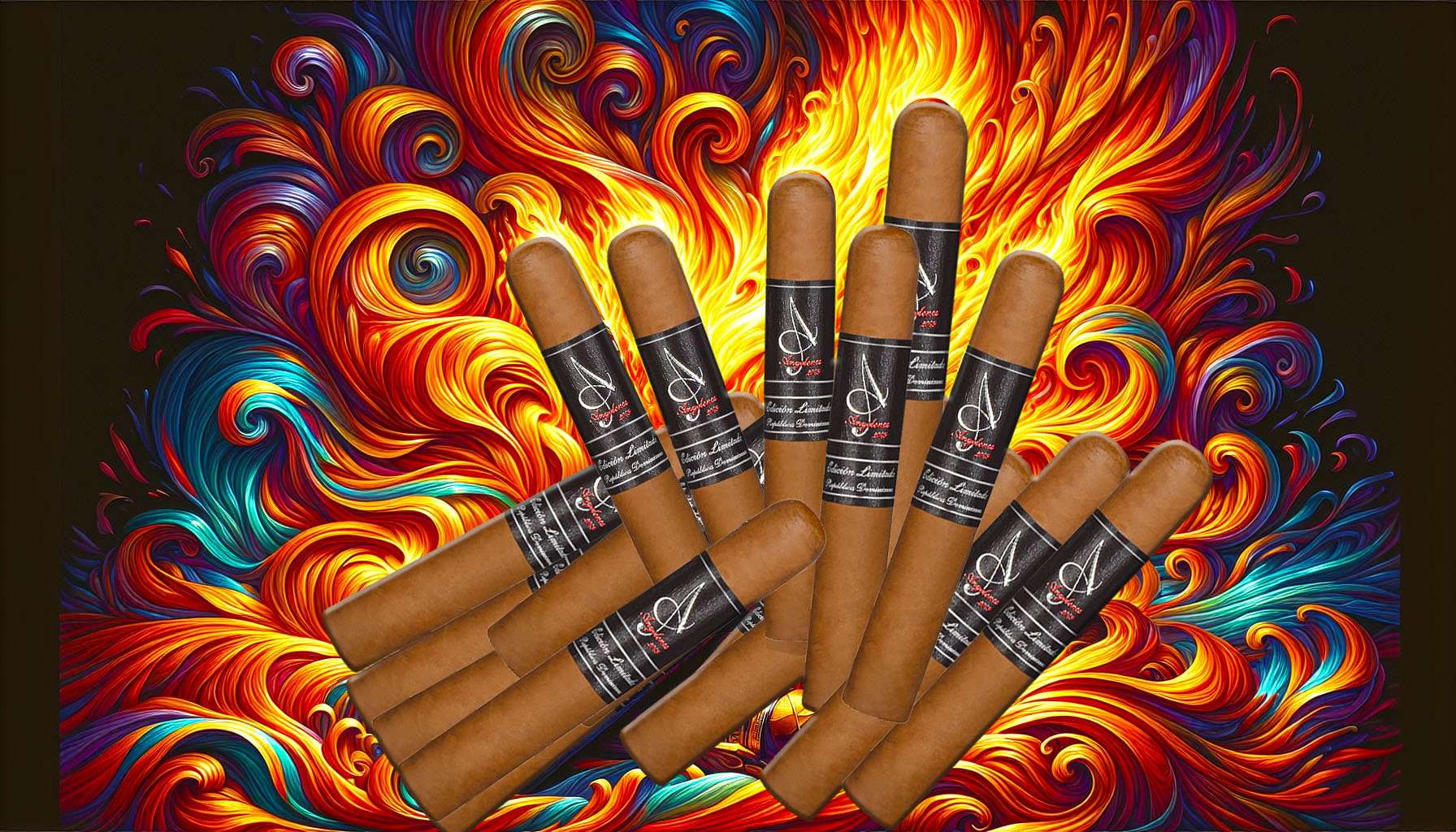 An artistic representation of the God of Fire Angelenos cigars, showcasing the essence of cigars in a vibrant setting.