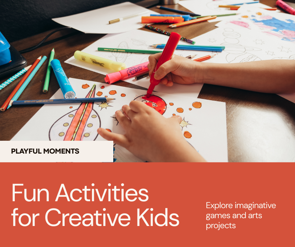 “Creative flat lay with paper crafts, kids’ drawings, and cheerful props for blog content about fun children’s activities.”