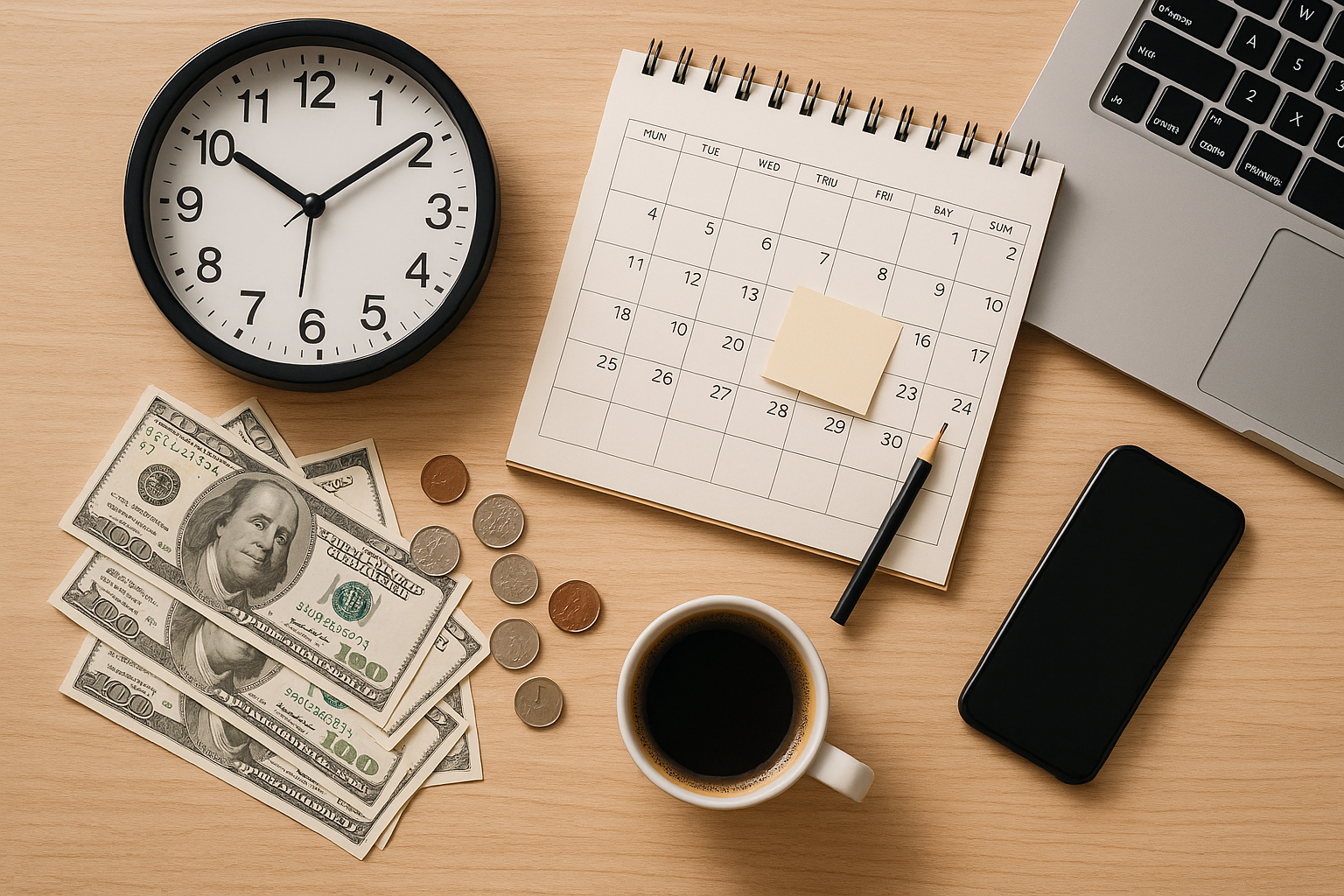 View of a clock, calendar, smartphone, and coffee illustrating cost avoidance and a cost conscious culture by optimizing costs and reducing unnecessary meetings.