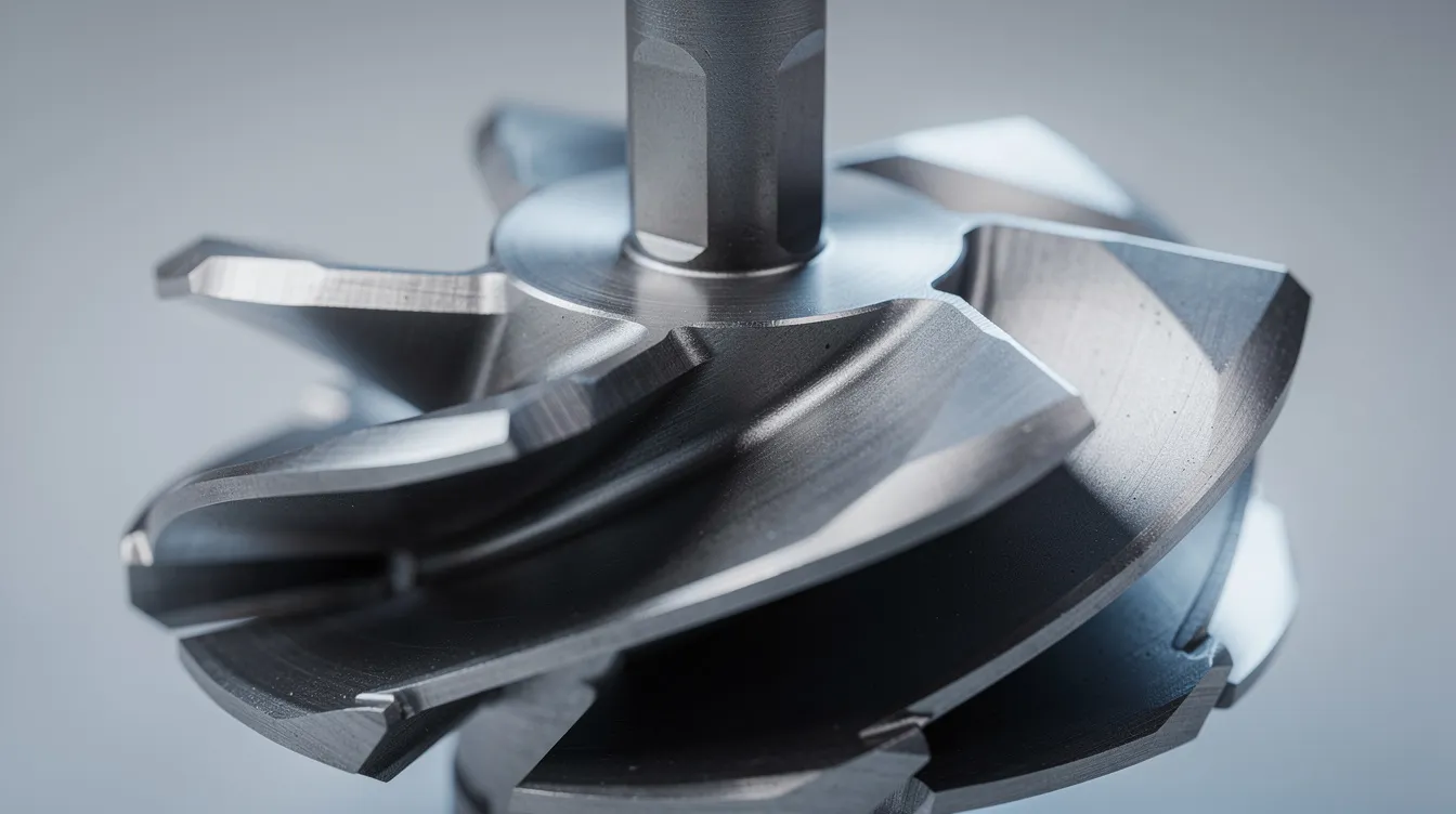 The image shows a close-up of a centrifugal water pump impeller featuring metal blades and a shaft, essential components in the cooling system of vehicles. This part plays a crucial role in circulating coolant to prevent engine overheating and maintain optimal operating temperature.