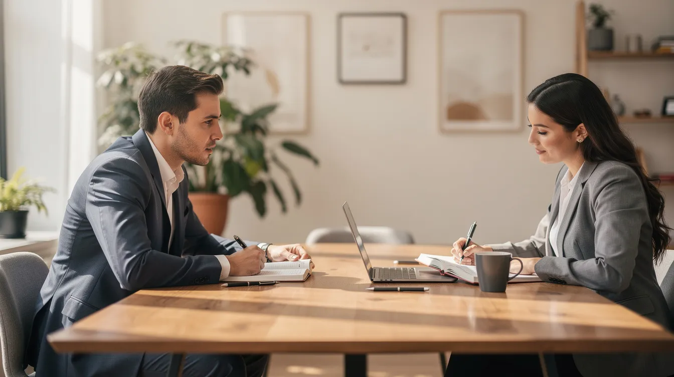 Two professionals are seated at a table in a bright office space, engaged in a focused consultation with notebooks and a laptop open, discussing topics related to Title IX regulations and training materials for handling issues of sexual harassment and misconduct in higher education. Their setting reflects a commitment to providing supportive measures and practical guidance for institutions to ensure compliance with Title IX processes.