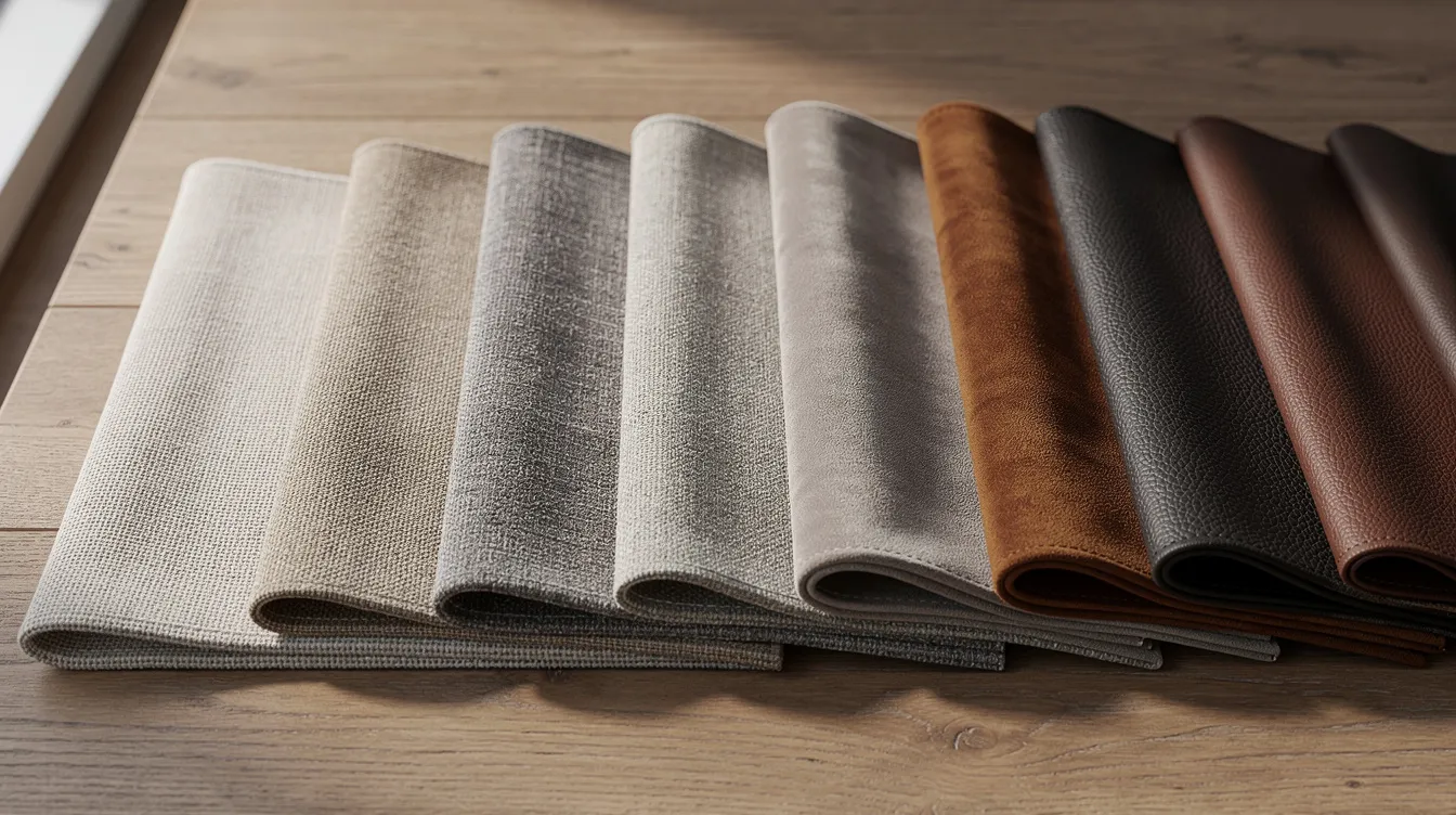 Een close-up van verschillende meubelstoffen en leersoorten ligt naast elkaar op een tafel, waarbij de texturen en kleuren goed zichtbaar zijn. Deze stoffen kunnen gebruikt worden voor het bekleden van een comfortabele relaxfauteuil, die ultiem zitcomfort biedt.