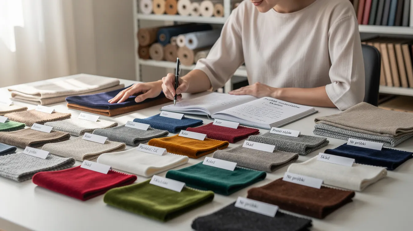 Na zdjęciu widoczna jest osoba przeglądająca próbki materiałów i tkanin przy stole, na którym leży notatnik. To scena z międzynarodowych targów reklamy, gdzie przedstawiciele branży mogą analizować nowe dostawców oraz najnowsze technologie.