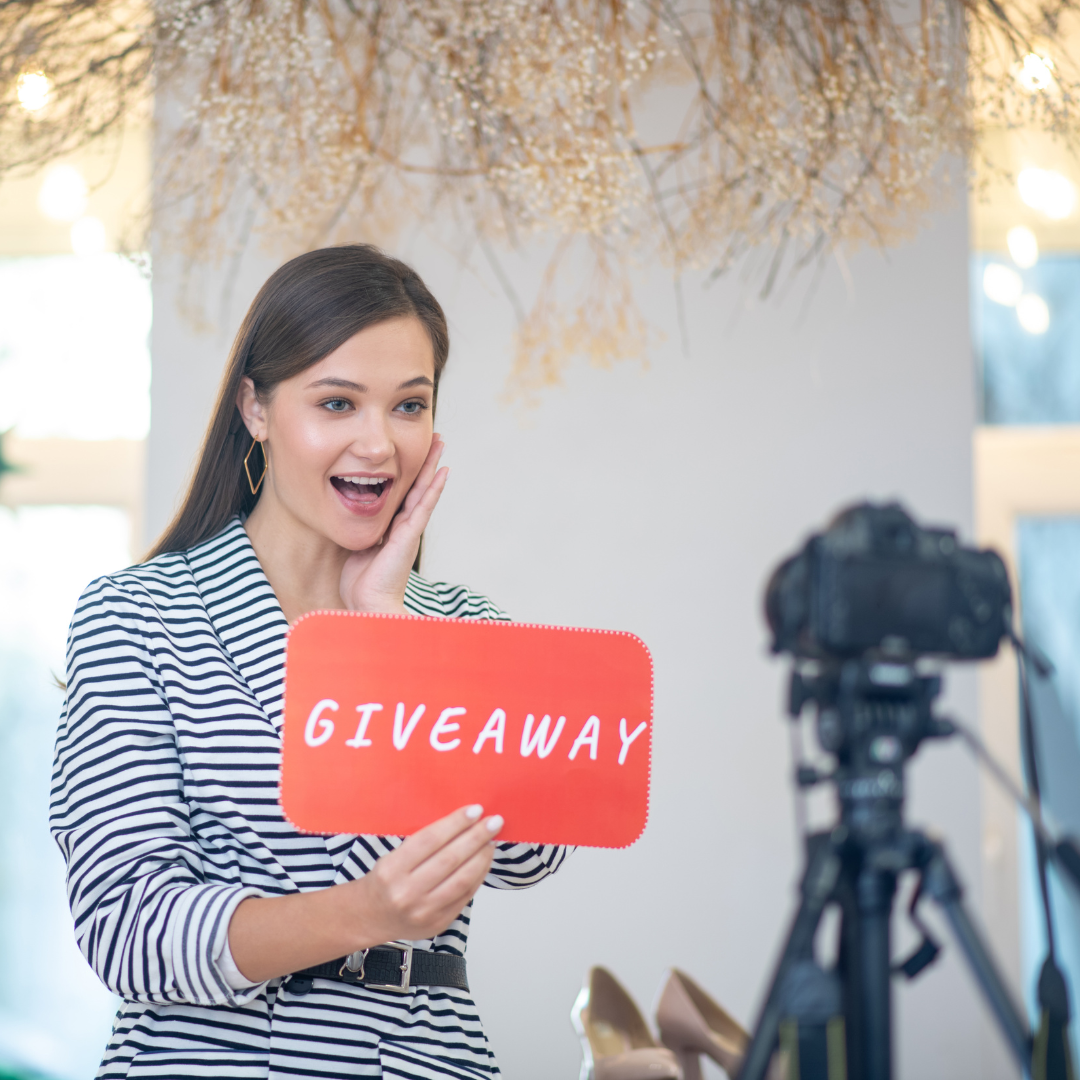 Woman demonstrating a step-by-step guide on Instagram giveaway.