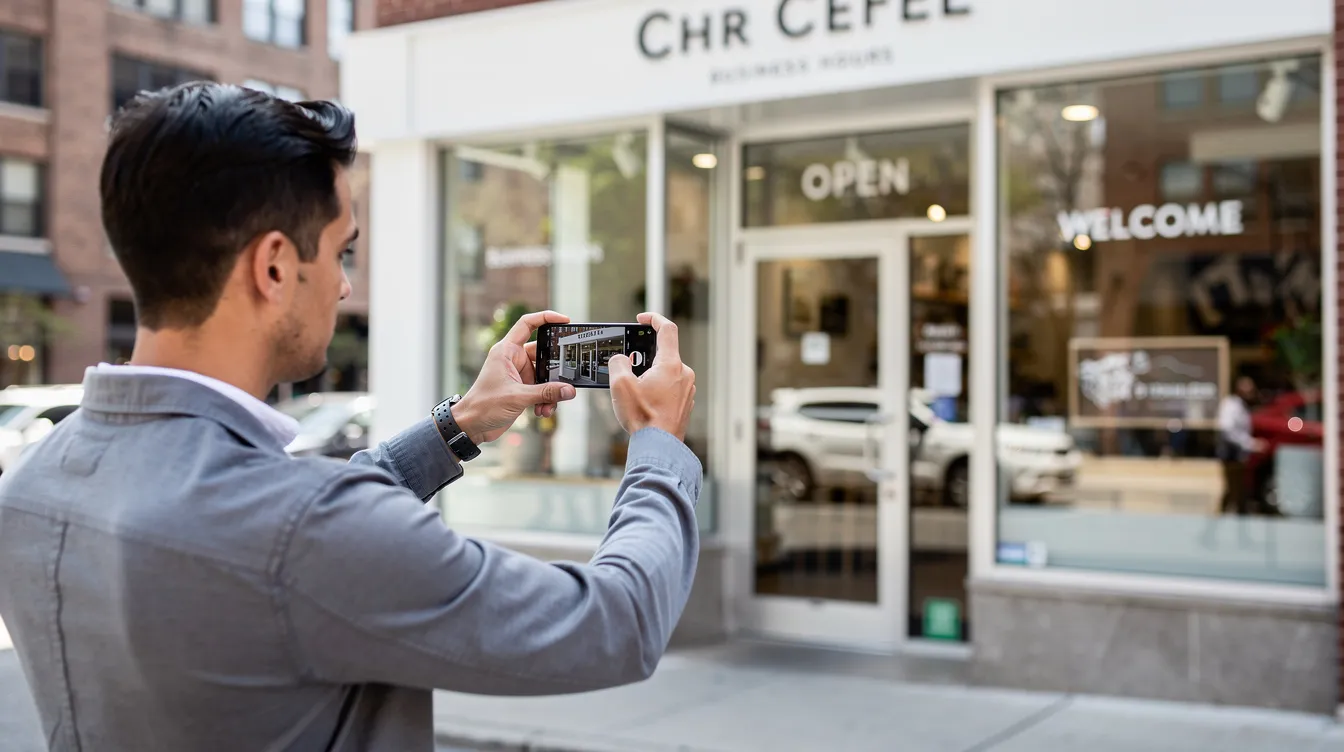 A business owner is standing in front of their storefront, using a smartphone to take a photo for an update to their Google Business Profile. This image highlights the importance of maintaining local visibility and optimizing local search presence to attract potential customers.