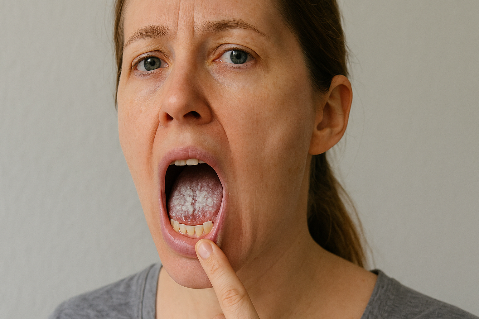 Trøske i Munnen: Ikke Bare for Babyer 14 Kvinne åpner munnen og peker på hvite flekker på tungen og kinnet, synlig tegn på munntrøske hos voksne.