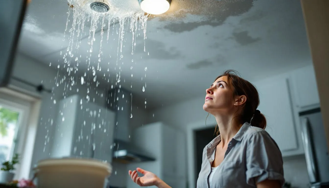 A worried woman stands beneath a leaking ceiling, looking up as water drips into a bucket placed on the floor, indicating a roof leak in her home. This scene highlights the urgency for roof leak repair to prevent further damage and potential water intrusion.