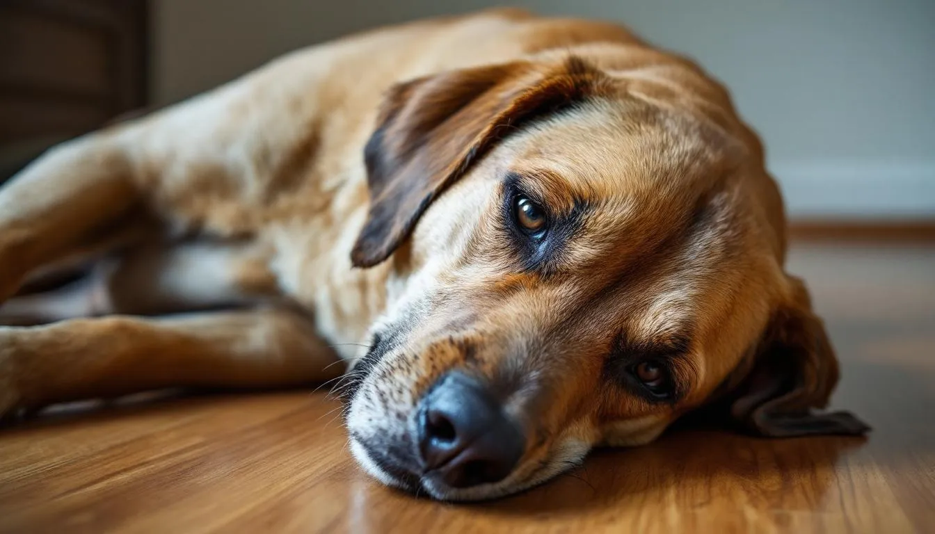 A brown dog appears lethargic and uncomfortable, potentially showing symptoms of tick-borne illnesses, with a focus on its dog