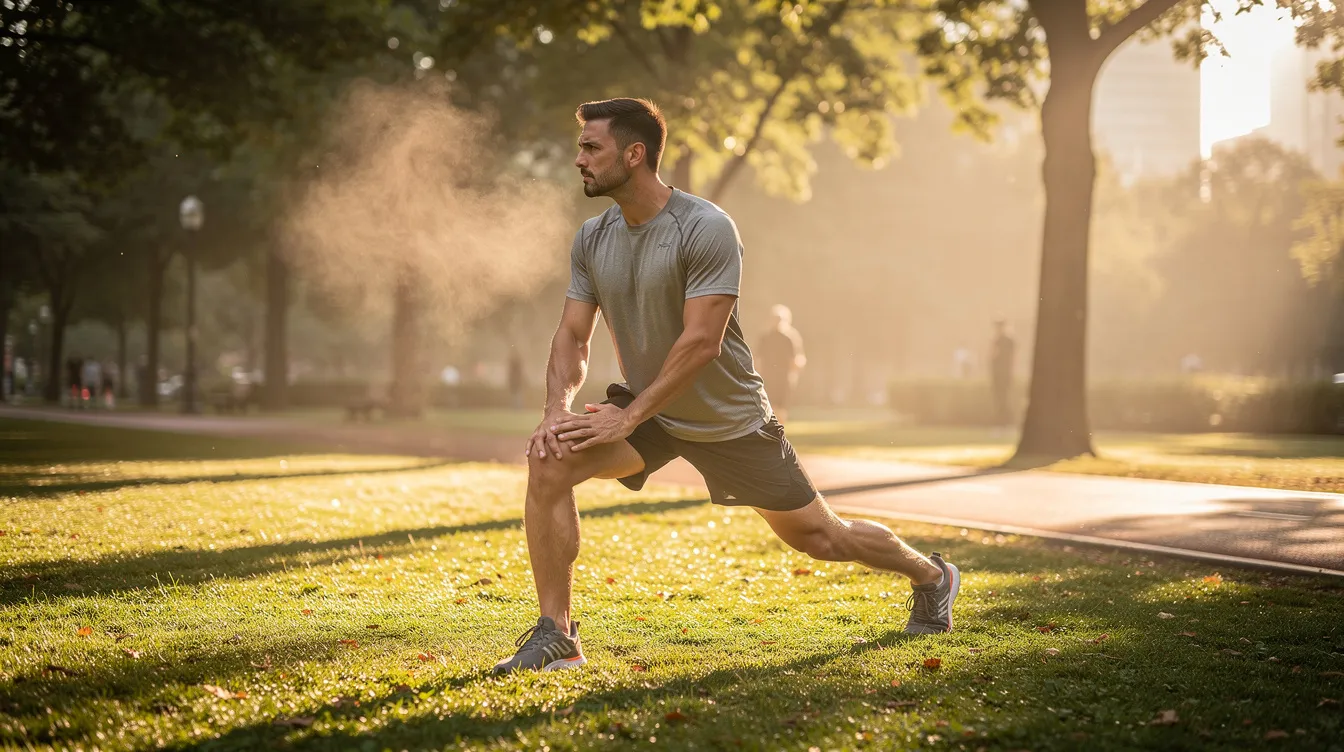 A man in athletic clothing is stretching outdoors in a park, basking in the morning sunlight, embodying a commitment to healthy lifestyle habits and physical performance. This scene reflects the importance of daily dietary supplements for adult men seeking support in energy production and overall wellness.