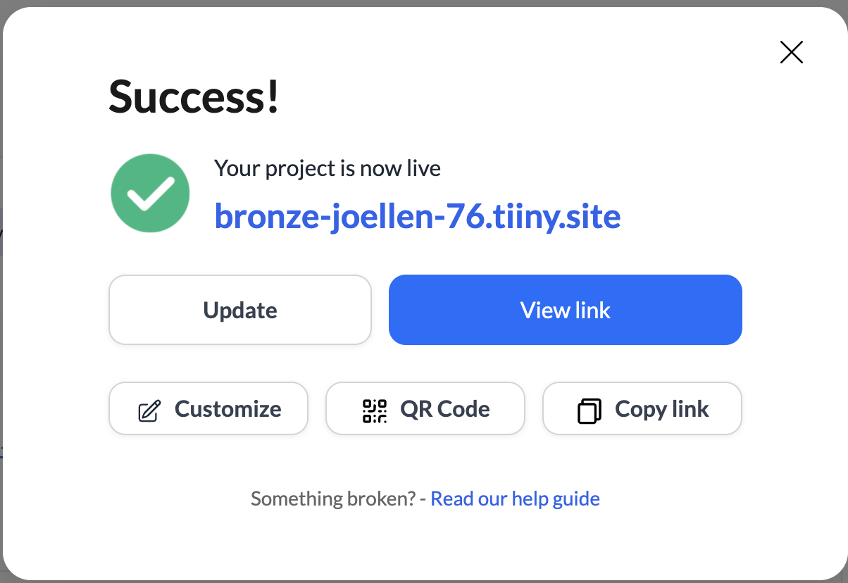 Success popup with link to live site on TiinyHost