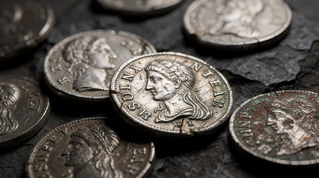 A close-up photograph showcases several ancient silver coins, including the silver denarius, arranged on a dark stone surface. The coins, representative of Greek and Roman coinage, feature intricate design elements and reflect the nearly pure silver content characteristic of Roman currency during the Roman Republic and Empire.