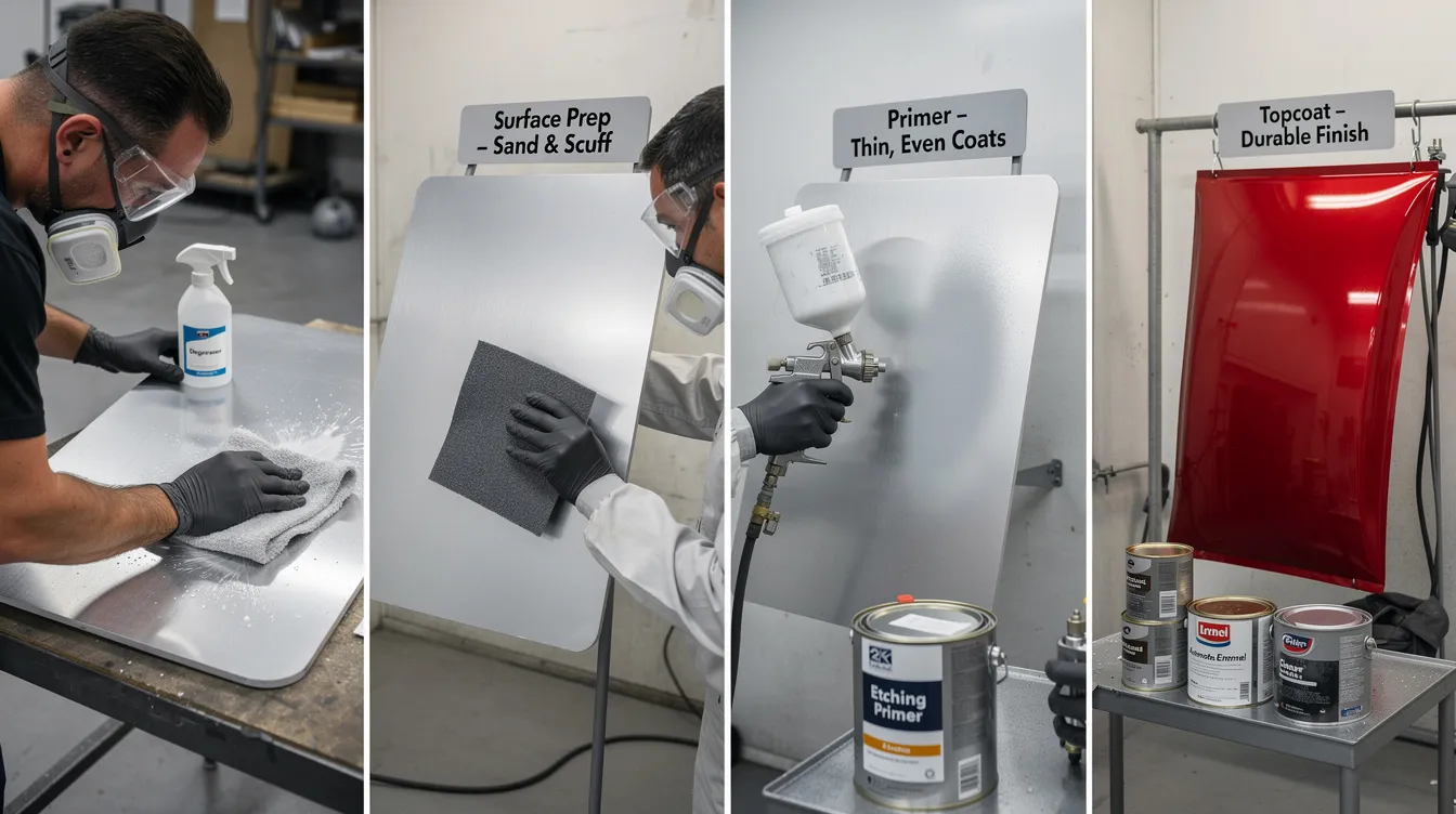 The image illustrates the process of painting raw aluminum, showcasing a person applying self-etching primer with a spray paint method, emphasizing the importance of using light coats for durability. Surrounding tools such as sandpaper, a garden hose for cleaning, and various paint cans, including Sherwin Williams products, are also visible, highlighting the preparation and care needed for a professional finish.