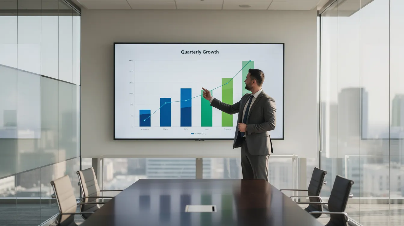 The image depicts a person confidently pointing at rising bar charts displayed on a large screen in a modern conference room, symbolizing effective financial management in property management. This visual emphasizes the importance of financial data and accurate financial reporting for property managers to ensure steady cash flow and informed decisions for property owners.