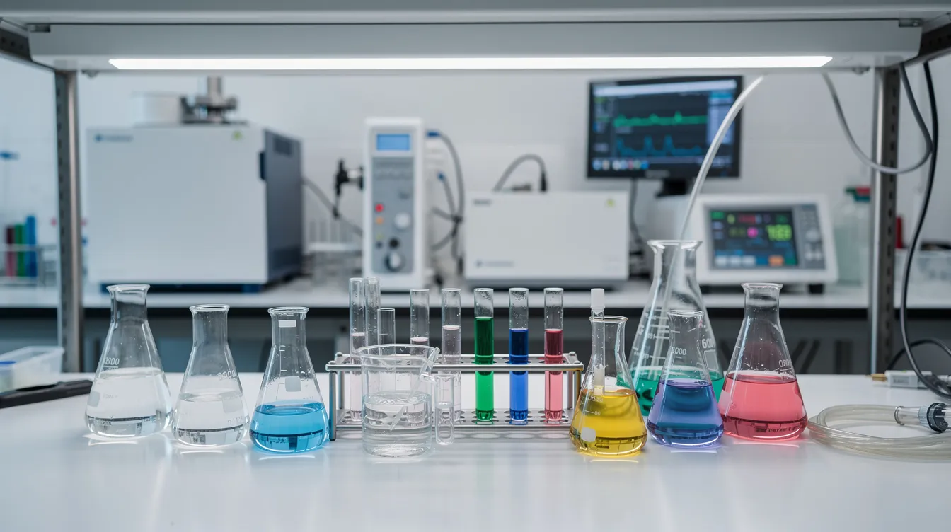 The image depicts a laboratory setting filled with glass beakers and various analytical instruments used for testing hemp derived cannabinoids. This equipment is essential for ensuring the safety and compliance of hemp derived products, especially in the context of federal and California laws regarding intoxicating hemp products like delta 8 THC.