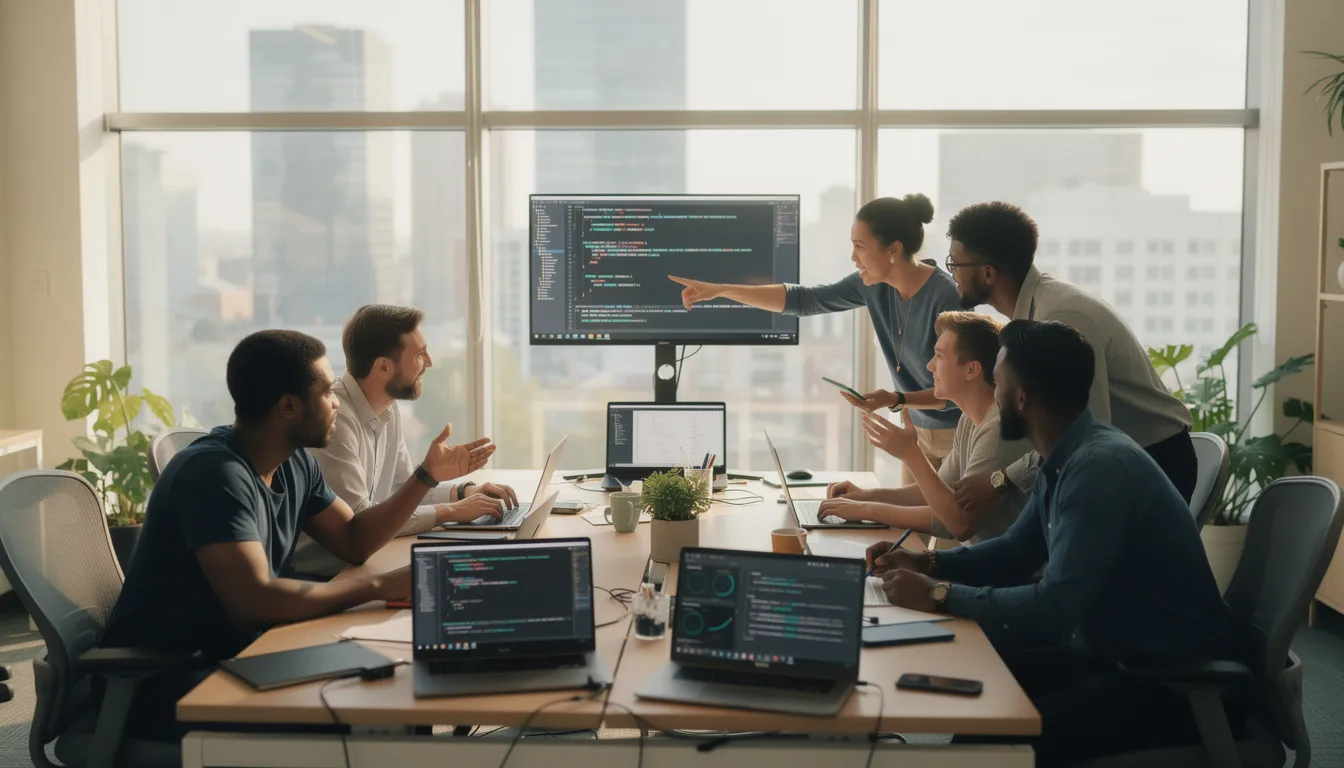 The image depicts a group of software developers collaborating in a modern office, surrounded by multiple computer screens displaying code and project management tools. This dynamic environment highlights the teamwork essential in a software development company, where innovative software solutions and effective project management methodologies are key to achieving successful project outcomes.