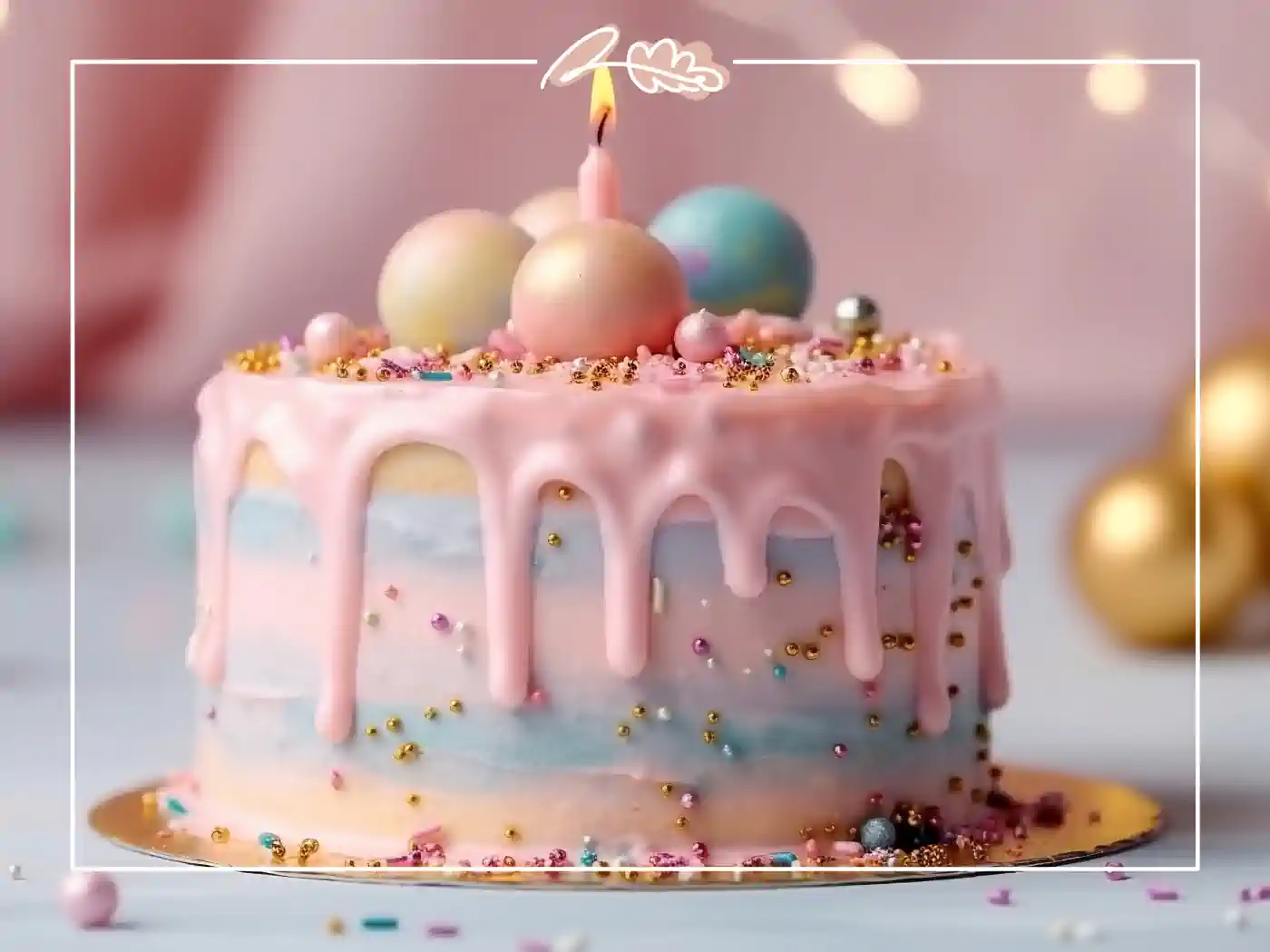 A pastel-colored birthday cake with a single lit candle, decorated with sprinkles and fondant balls. Fabulous Flowers and Gifts - Birthday Collection.