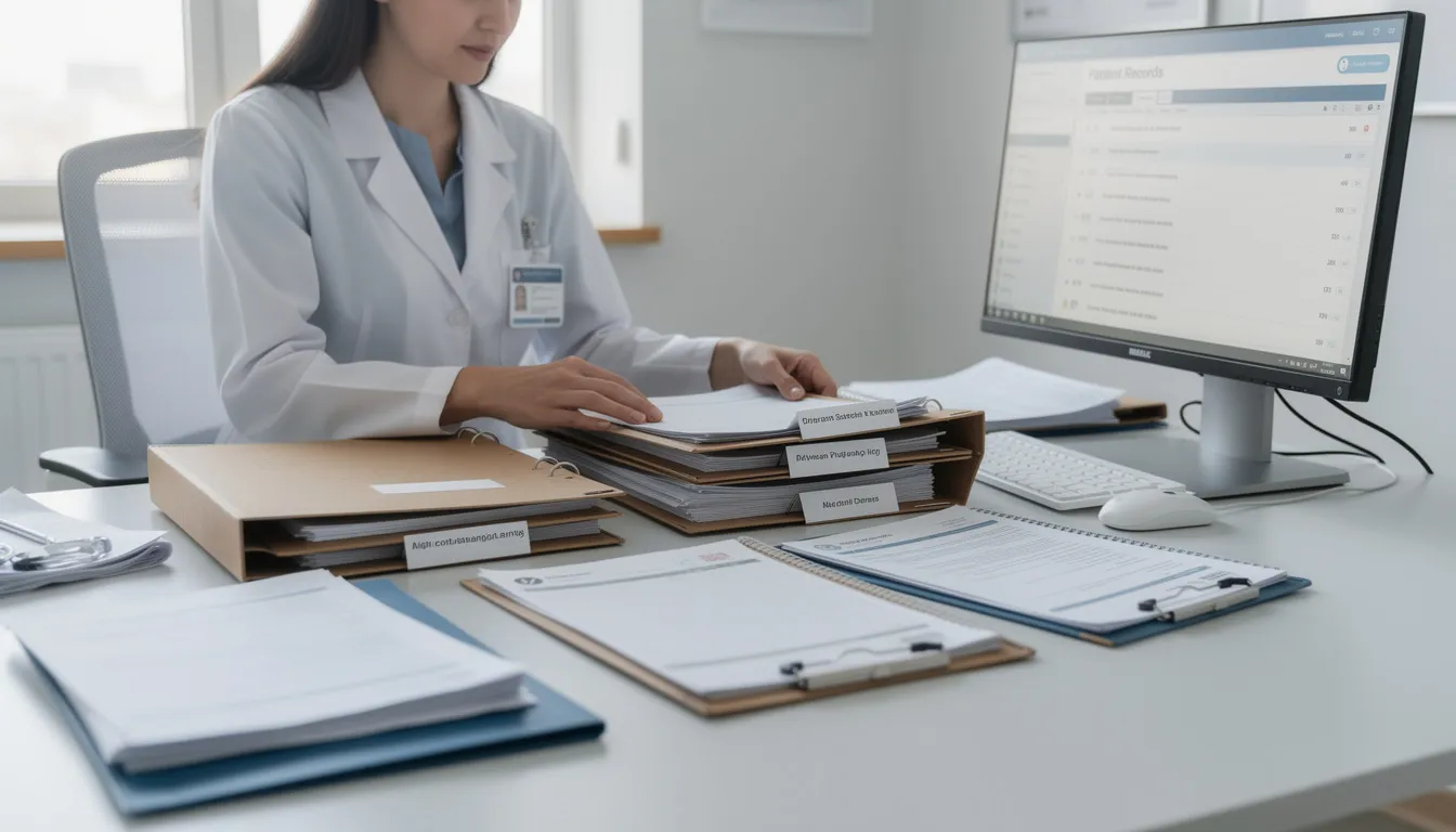 The image depicts a person sitting at a desk, meticulously organizing medical documents and paperwork related to their social security disability claim. Various medical records and necessary documentation for applying for disability benefits are spread out, highlighting the importance of detailed information in the application process.