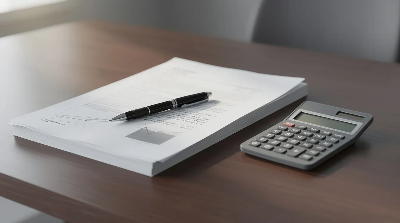537a4b44 7536 4e49 a827 54ef2e775c96 A stack of official business documents sits on a wooden desk, accompanied by a pen and a calculator, suggesting a focus on financial planning for a manufacturing project, such as a besan mill plant. The scene conveys a professional atmosphere, ideal for reviewing a project report or business plan related to the food processing industry.