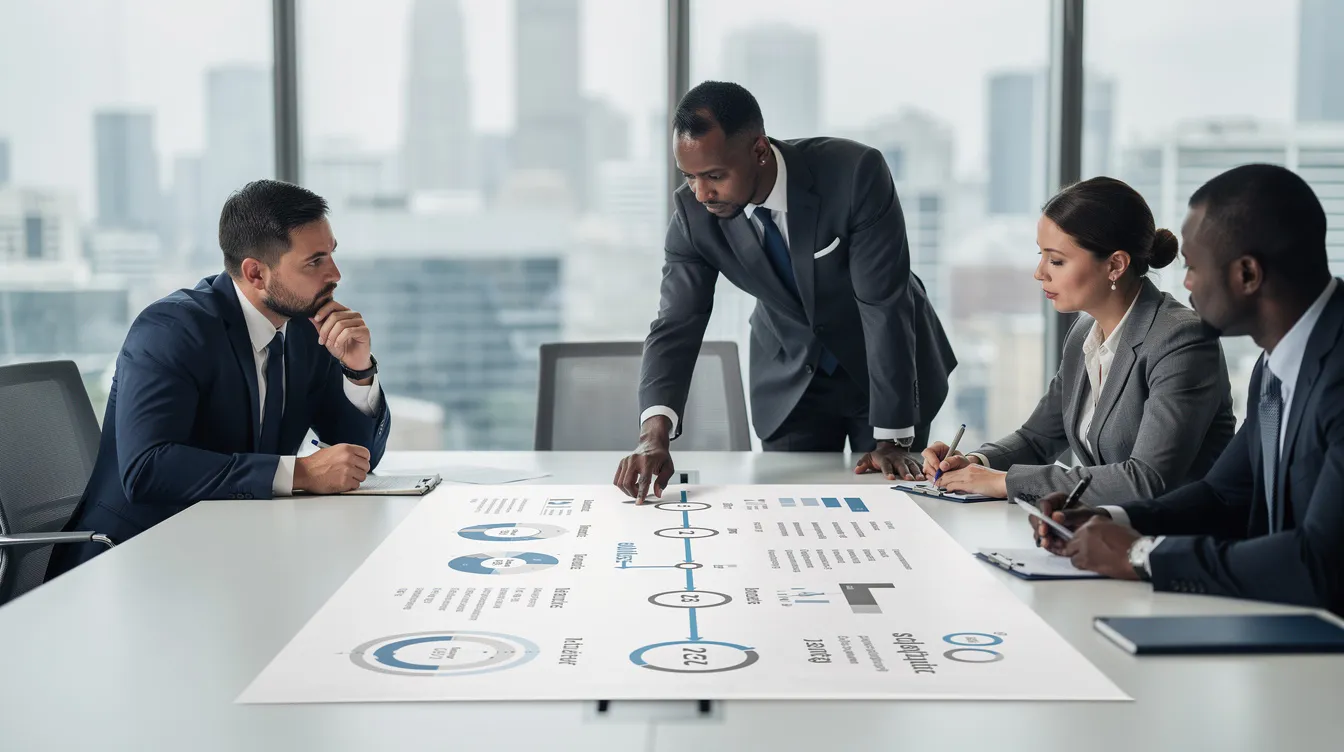 A group of business professionals is collaboratively reviewing a strategic timeline document, focusing on key performance metrics and cybersecurity skills necessary for a resilient workforce. They appear engaged in discussion, likely assessing their organization's cybersecurity posture and identifying hidden risks to enhance their readiness programs.