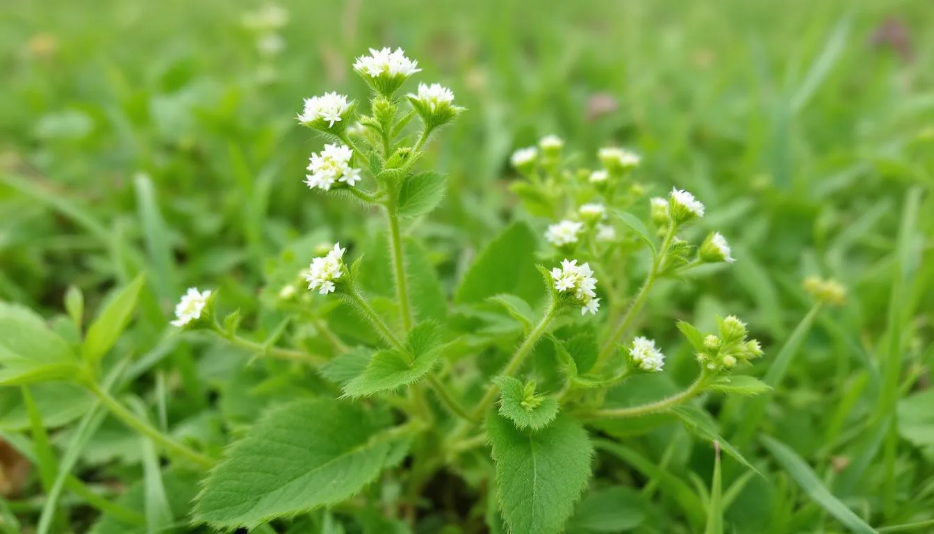 The image shows a fresh chickweed plant (Stellaria media) with delicate small white flowers, thriving in a garden setting. This herbal remedy is known for its potential health benefits, including soothing effects for skin irritation and inflammation.