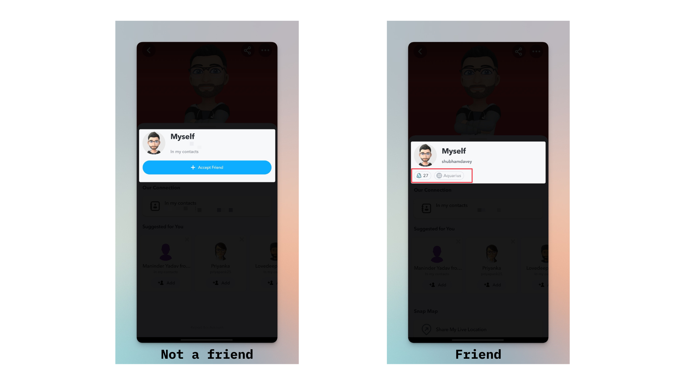 Remote.tools showing the difference between friend and non friend. If someone is your friend on Snapchat, you will be able to view their snap score & they can see yours. If you can't see snap score of someone that means they have removed you from their friends list