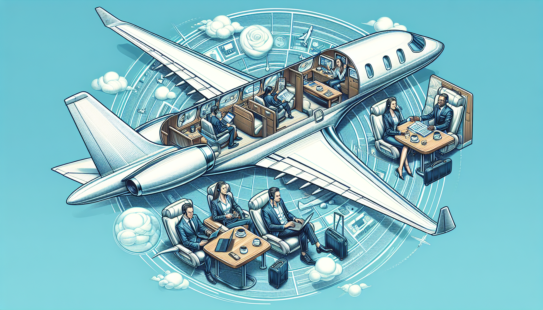 Illustration of a corporate jet with business travelers onboard