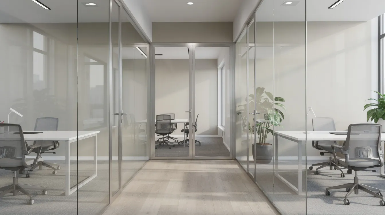The image depicts a modern office space featuring tempered glass partitions and room dividers that effectively separate different areas, providing both privacy and an open feel. The use of safety glass enhances the aesthetic while ensuring durability and security within the workspace.
