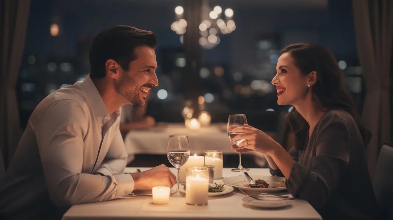 The image depicts a woman and a man on a date, where the woman appears to be engaging in future faking by making grand promises about their shared future, but her body language suggests insincerity. This scene highlights the warning signs of manipulation tactics often seen in romantic relationships, such as empty promises and emotional abuse.