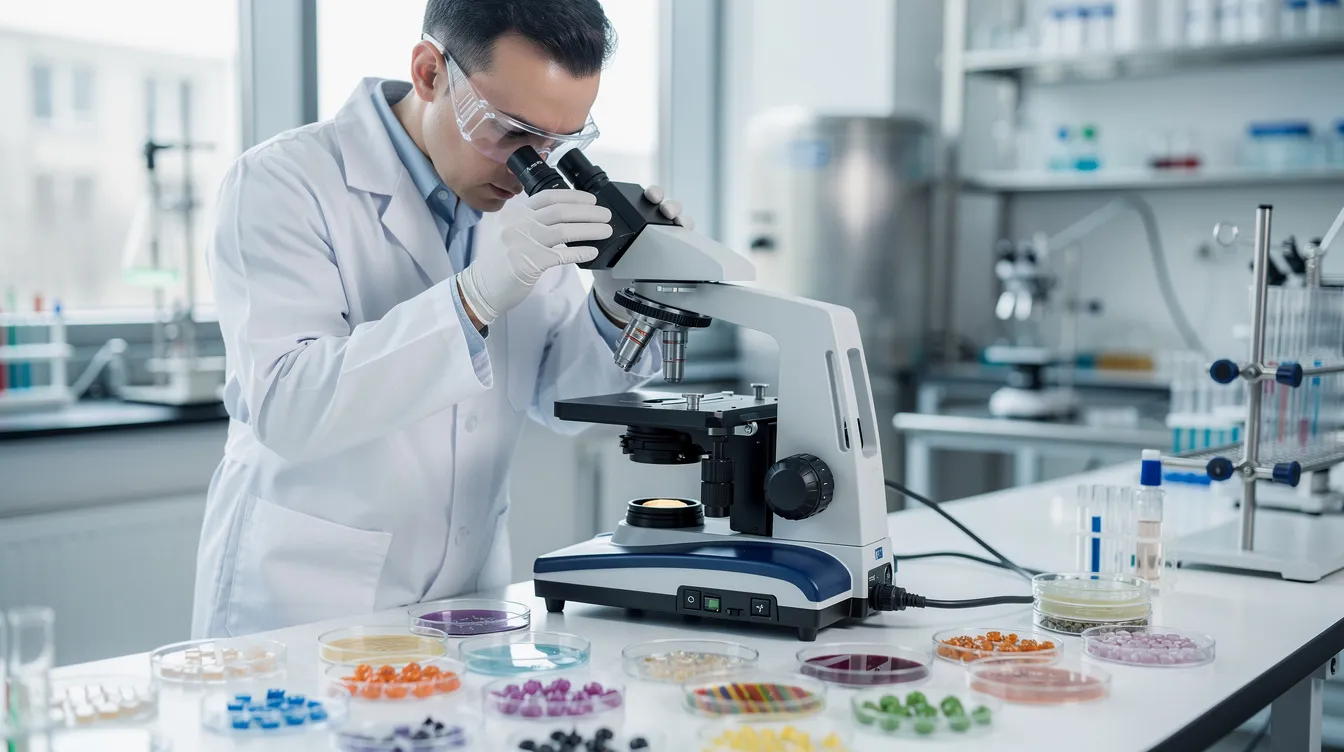 A scientist is focused on examining samples in a modern laboratory, surrounded by petri dishes and a microscope, which may include studies on the health benefits of shiitake mushrooms, such as their immune-boosting properties and support for cardiovascular health. The setting reflects a commitment to research in agricultural and food chemistry, highlighting the importance of edible mushrooms in promoting overall health.