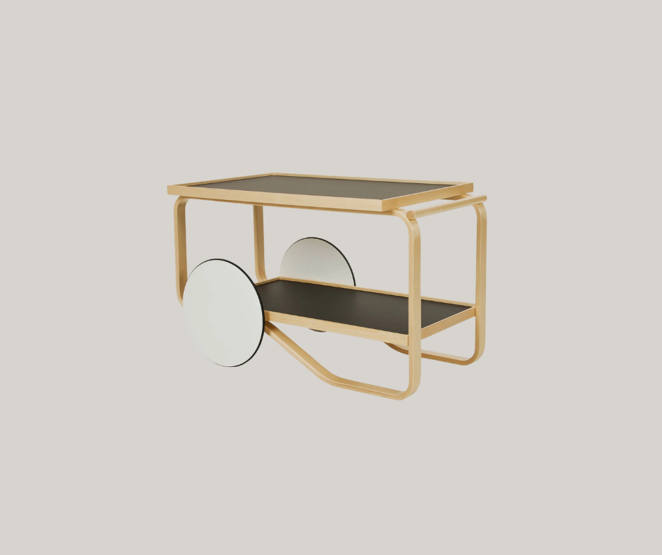Light birch tea trolley with two shelves, rounded frame, and two large white wheels, set against a light background.