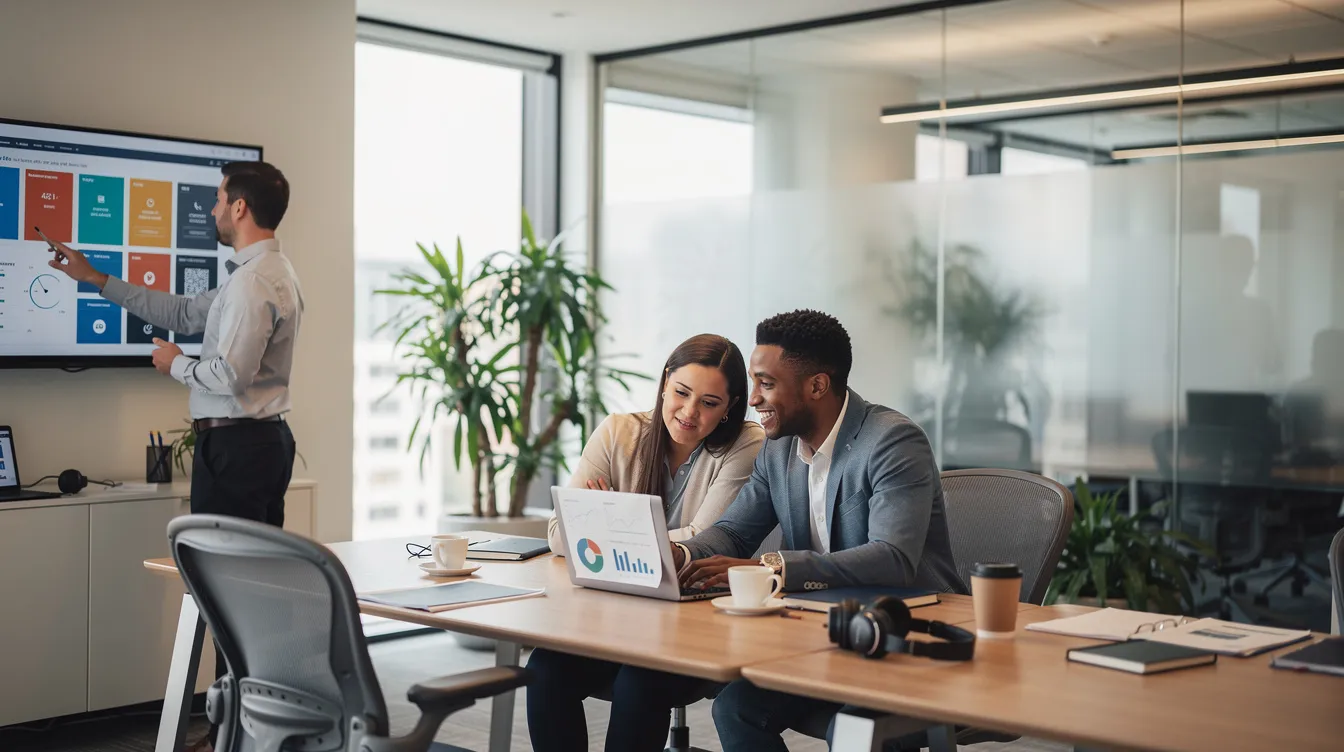 The image depicts a diverse group of professional team members collaborating in a modern office space, engaged in discussions about dental billing solutions and practice management. They are focused on streamlining operations and enhancing revenue cycle management for dental practices, showcasing a dynamic work environment.