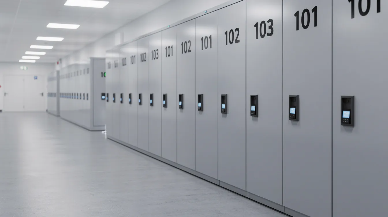 A row of industrial smart lockers lines a brightly lit hallway in a facility, featuring numbered doors for secure storage of personal items and employee belongings. These durable steel lockers are part of a smart locker system designed to enhance efficiency and security in managing access for employees.