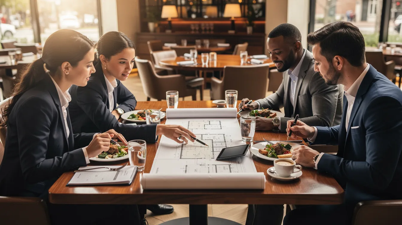 The image depicts a professional business meeting taking place at a restaurant, with blueprints spread across the table alongside plates of food. This setting highlights the importance of business meals as part of entertainment expenses, fostering discussions about projects and business-related entertainment.