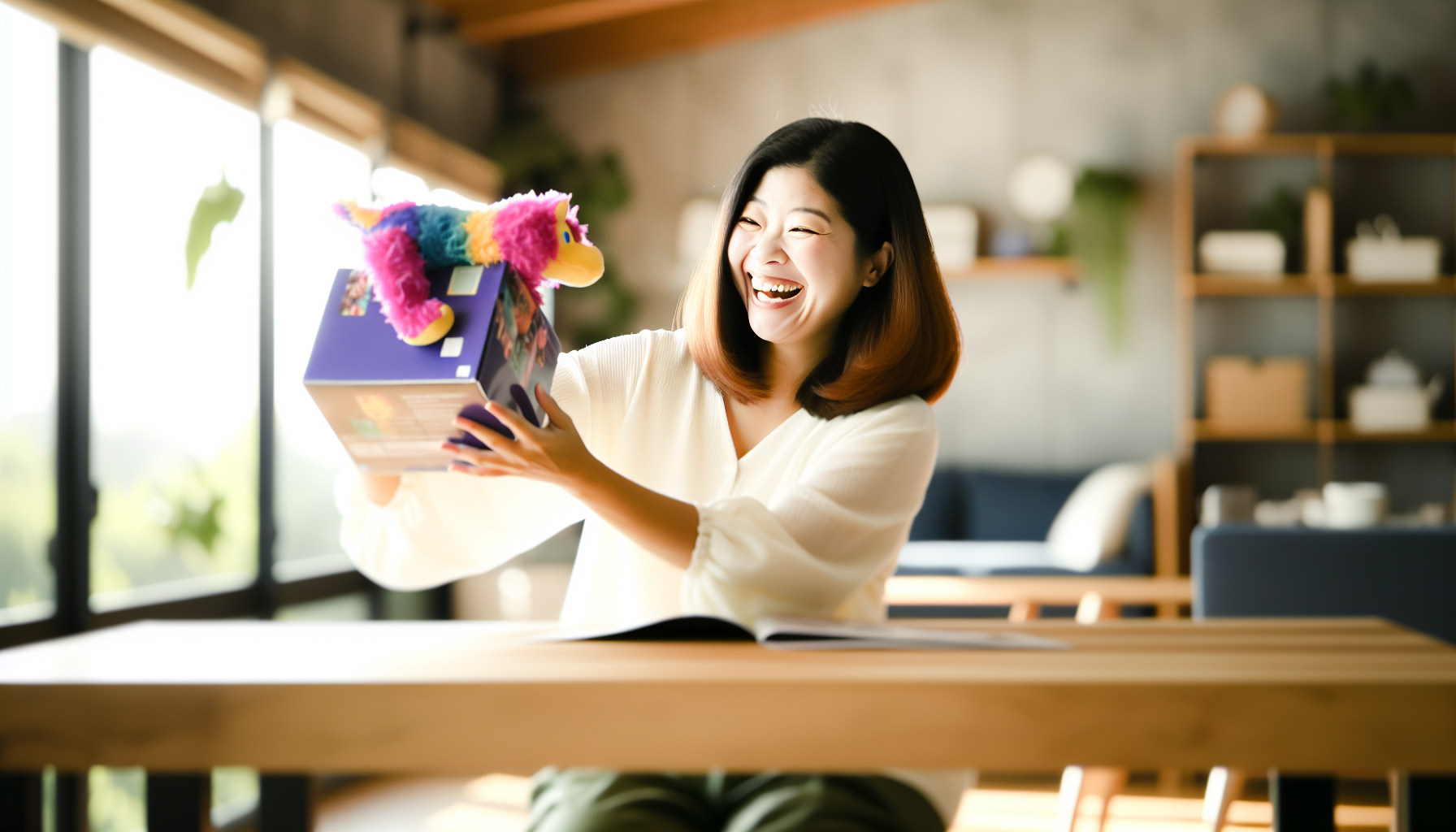 A happy customer unboxing a plush toy