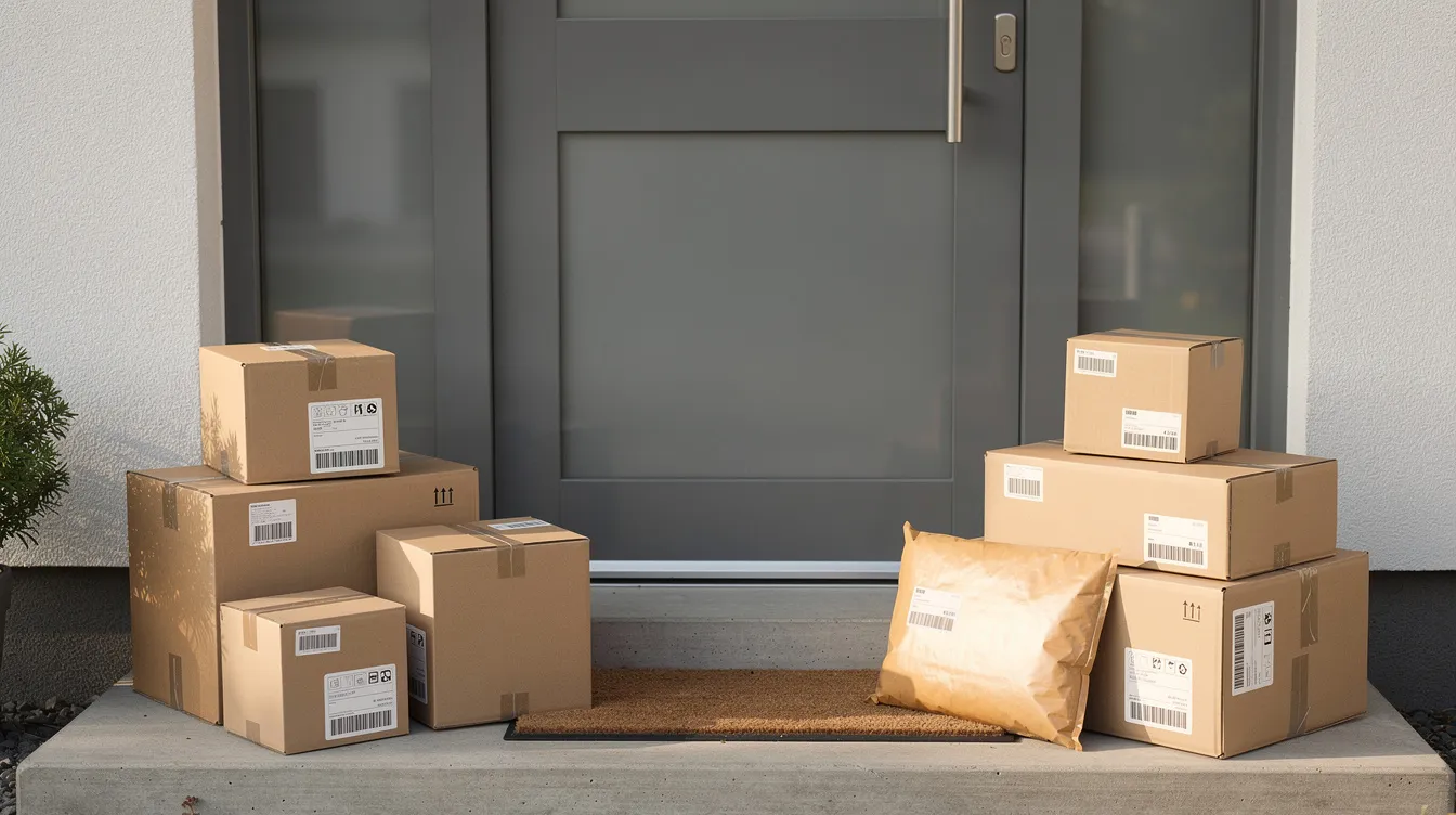 Vor einer Haustür stehen mehrere Pakete und Kartons, die auf eine Lieferung hinweisen. Diese Artikel könnten Teil eines Einkaufs über eBay sein, wobei Käufer von den Vorteilen einer eBay Plus Mitgliedschaft profitieren, wie z.B. kostenlosem Rückversand und exklusiven Angeboten.
