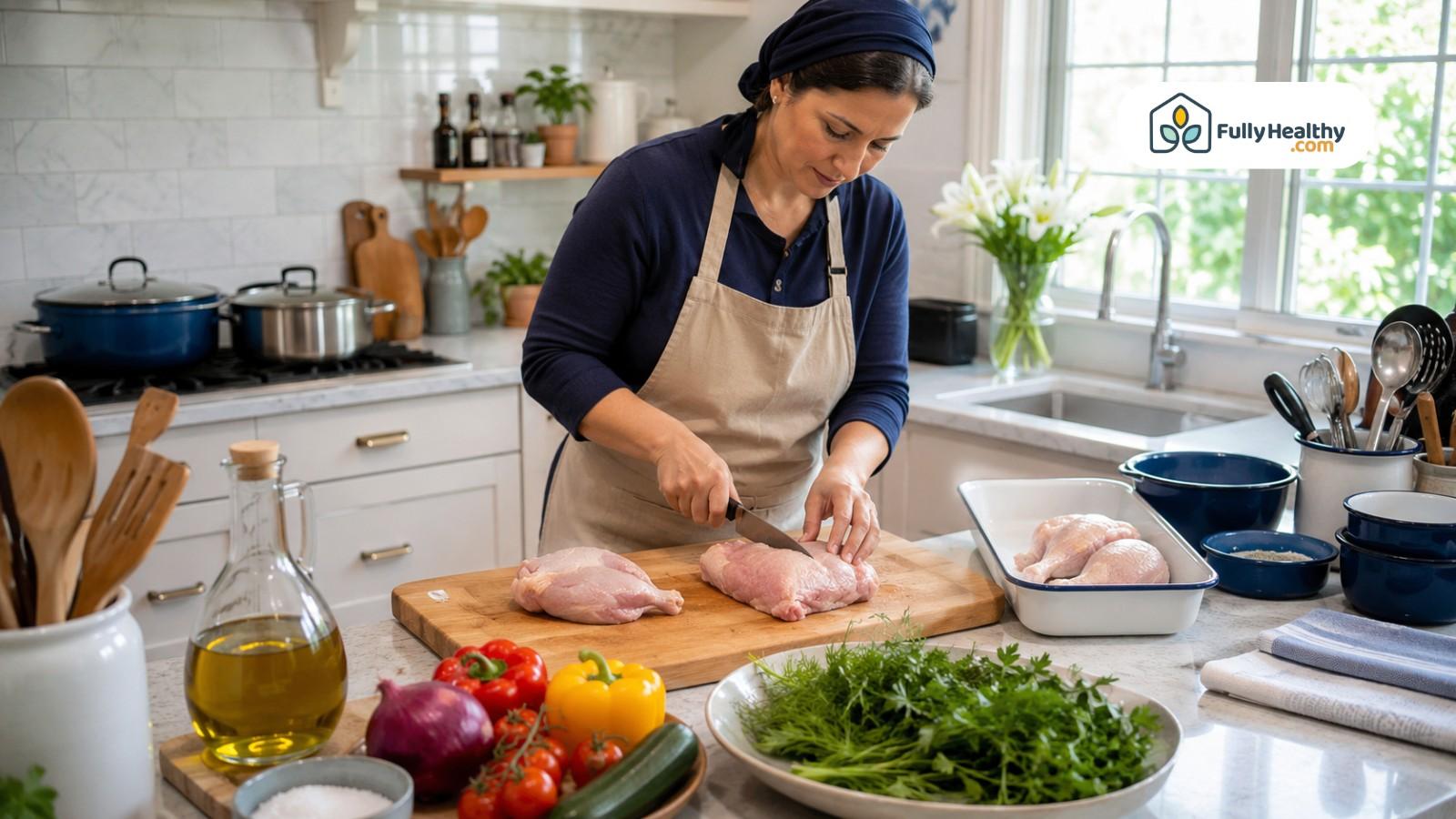 Home cook preparing kosher chicken with fresh vegetables in clean organized kitchen