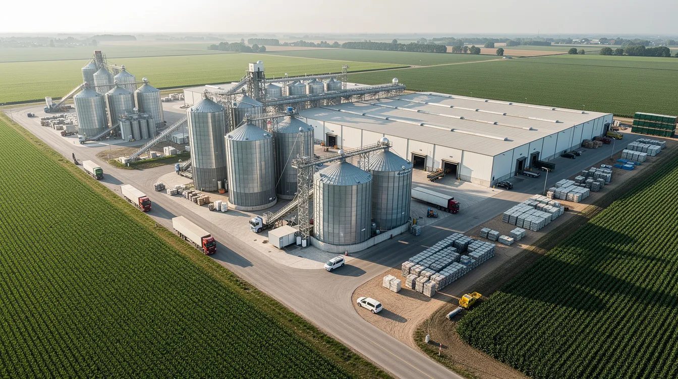 538ef38f 278e 4f16 b51c 23c88ea3bfd4 An aerial view of a large soybean processing plant shows metal silos, expansive warehouses, and trucks, situated in an agricultural region. This industrial facility is integral to soybean oil production, highlighting the importance of raw materials and production capacity in the soybean processing industry.