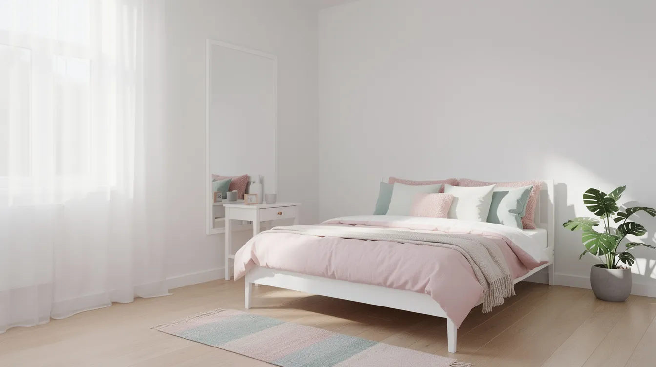 Das Bild zeigt ein kleines Schlafzimmer in sanften Pastelltönen mit hellen Wänden. Im Raum befindet sich ein weißes Bett, das mit gemütlicher Bettwäsche ausgestattet ist, sowie ein Spiegel an der Wand, der dem Raum eine luftige Atmosphäre verleiht.