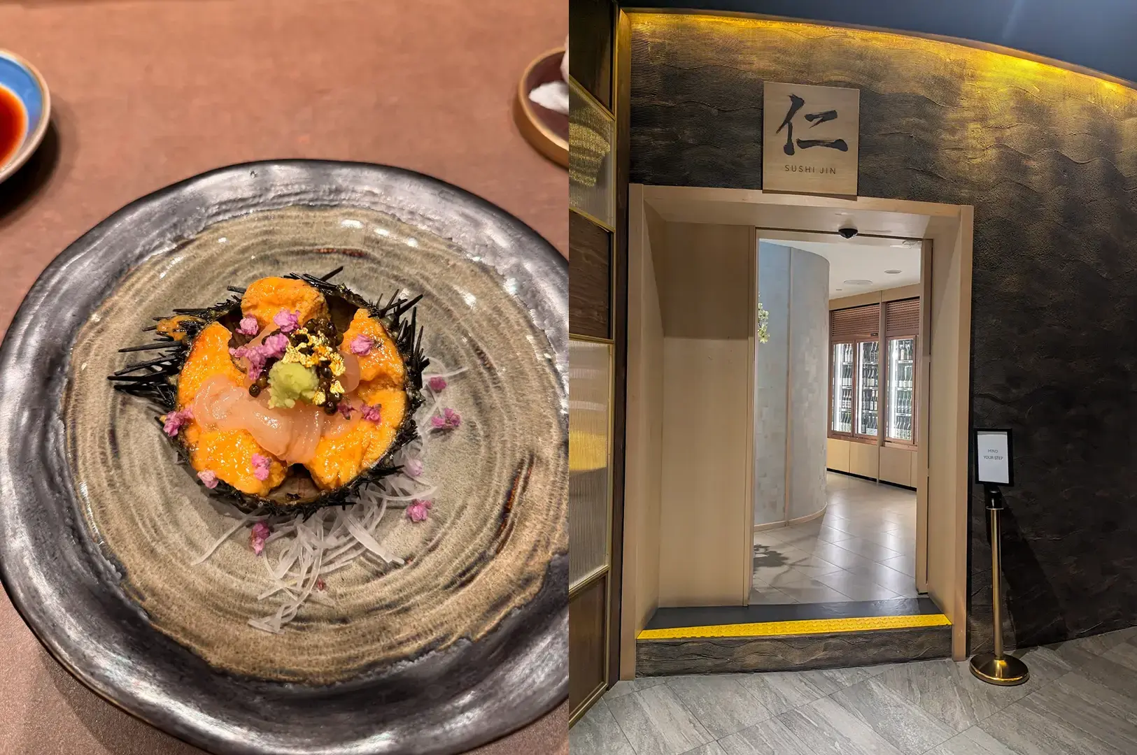 Split image showing an artistic seafood dish arranged on a dark ceramic plate with orange roe, pale garnishes, purple edible flowers, and shredded daikon, alongside the warmly lit entrance to Sushi Jin.
