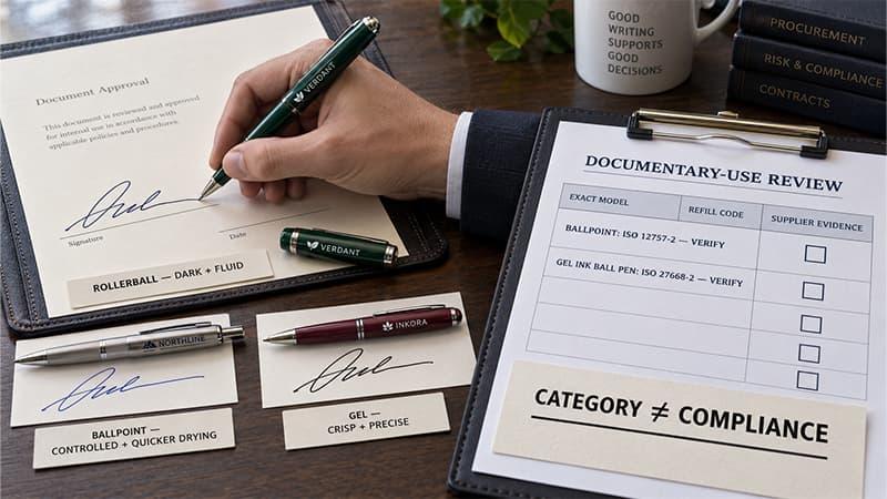Rollerball, metal ballpoint, and gel pens compared for professional signatures beside a documentary-use verification checklist for ISO standards.
