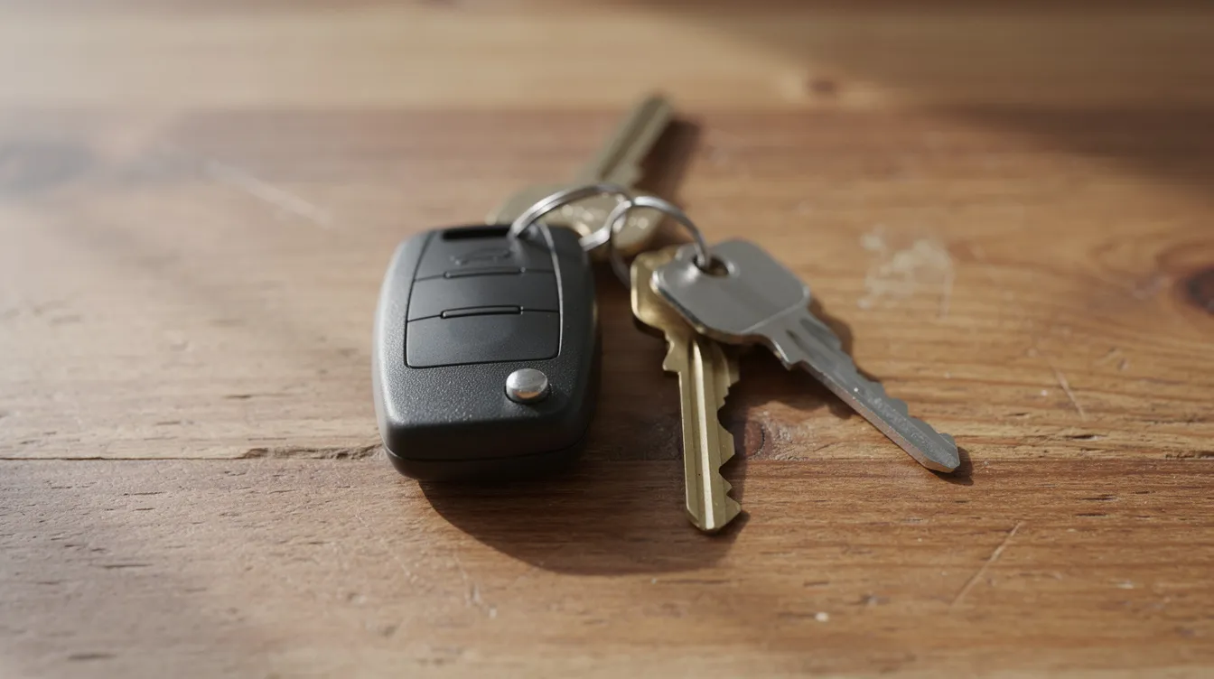The image shows a set of car keys and house keys placed next to each other on a wooden table, symbolizing the connection between home equity and auto loans. This arrangement highlights the potential financing options available, such as using a home equity line to help buy a car.