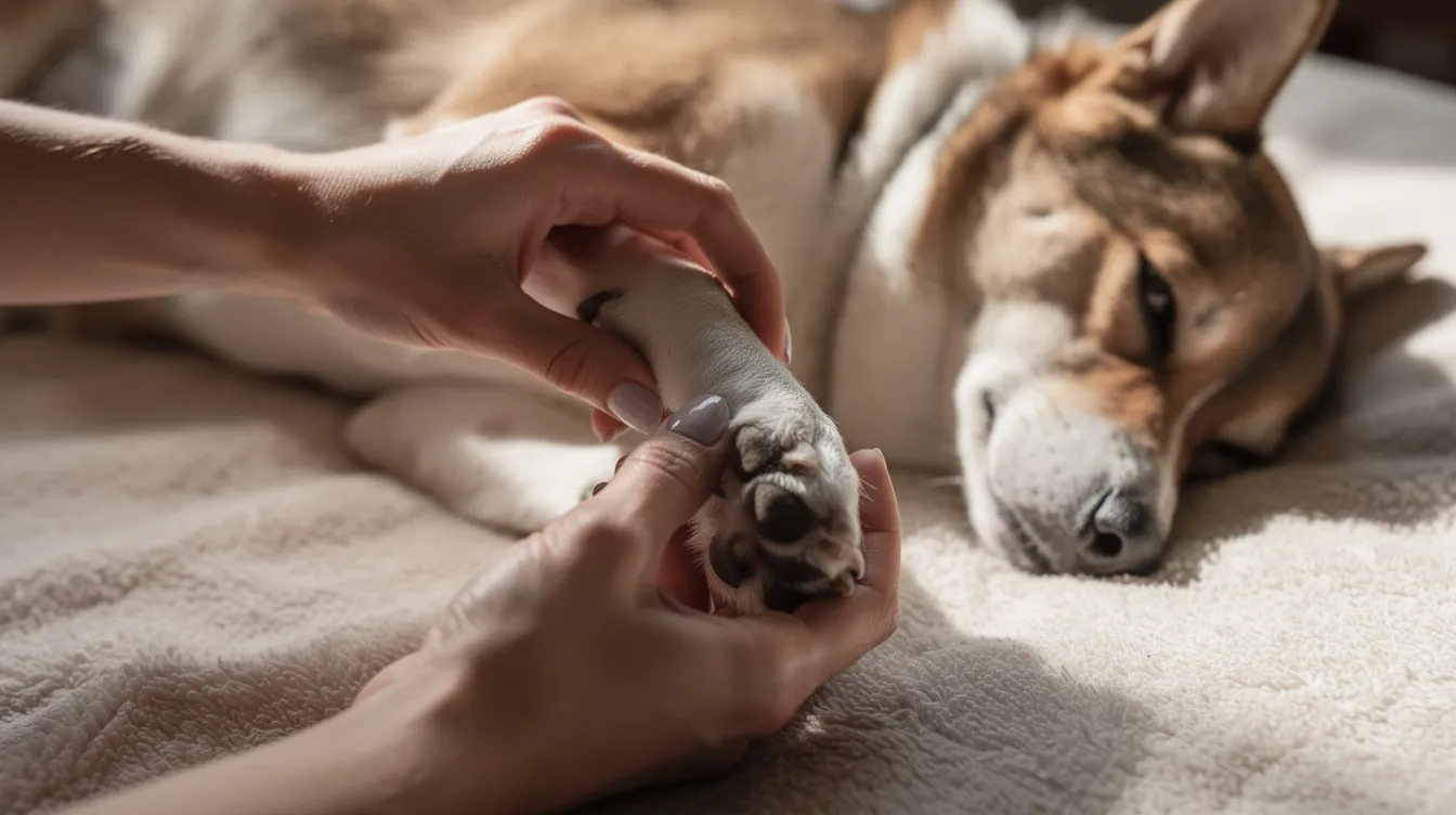 A person is gently spreading a dog's toes apart to inspect between them on a soft blanket, likely checking for signs of irritation or infection, which can lead to excessive paw licking. This action may help identify common causes such as allergies or skin irritations that could be causing the dog to lick their paws excessively.