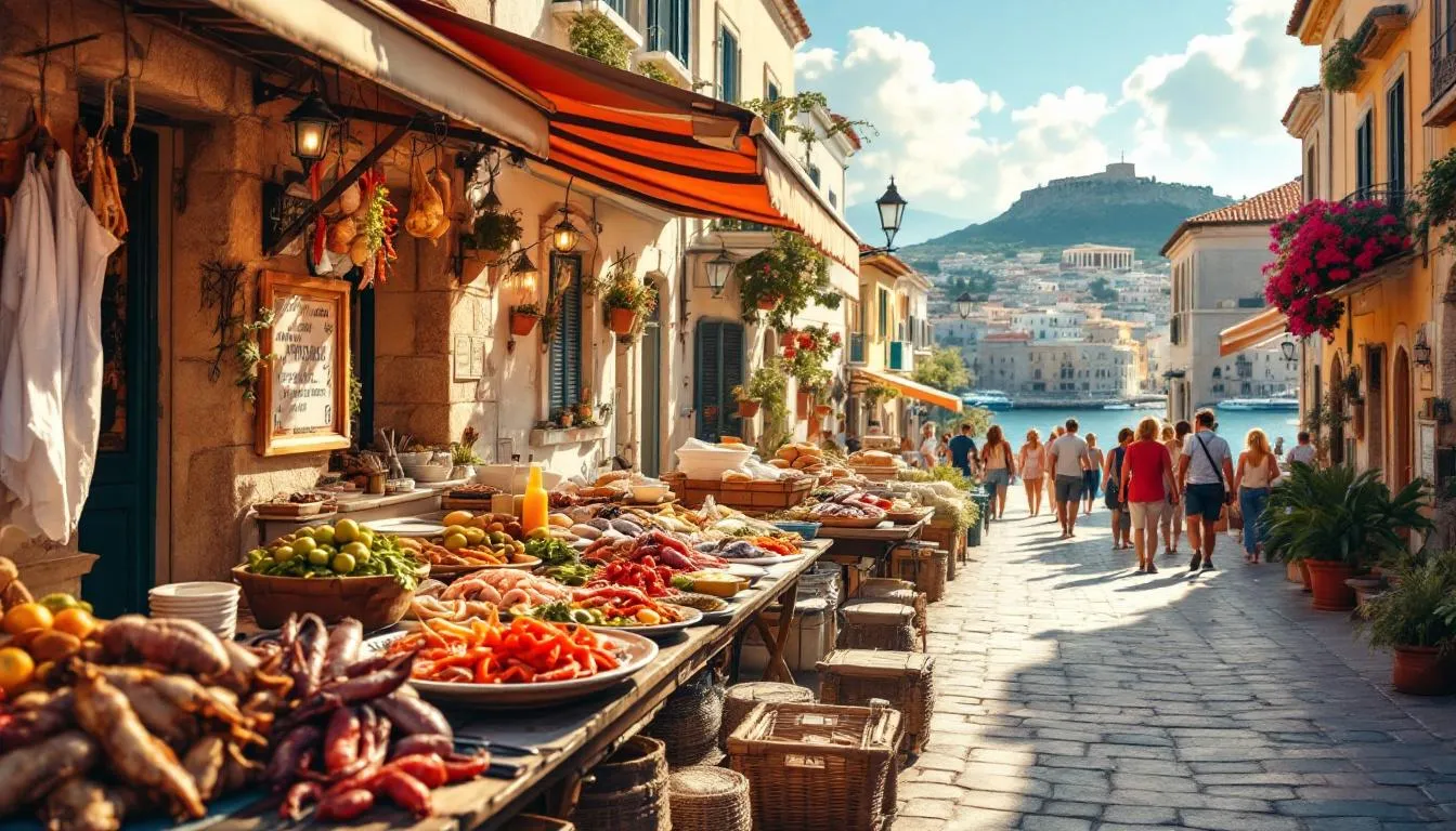 Kulinarne specjały Rodos, w tym owoce morza i lokalne potrawy.