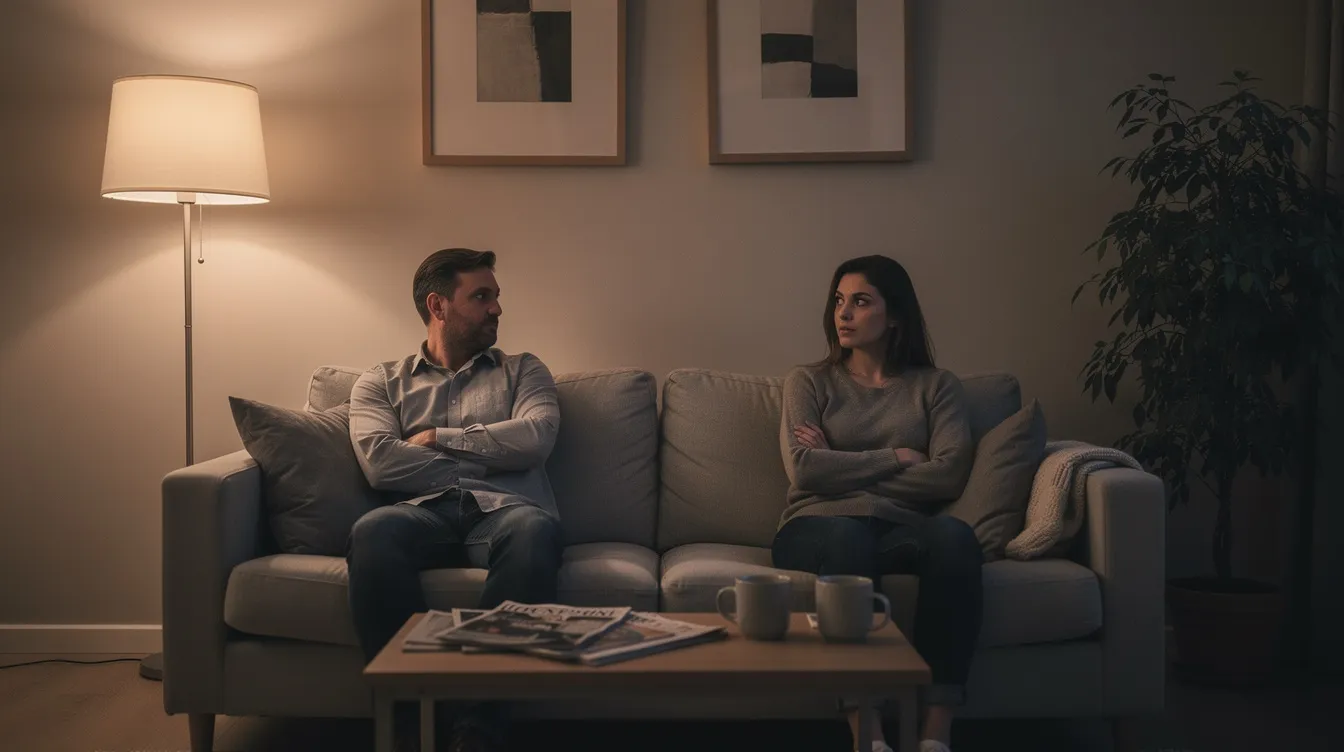 A couple sits apart on a couch in a quiet living room, reflecting the emotional distance that can arise when one partner struggles with mental health issues. This scene highlights the challenges of maintaining a healthy relationship amidst the complexities of mental illness, emphasizing the importance of seeking professional help and attending couples counseling to navigate these difficulties together.