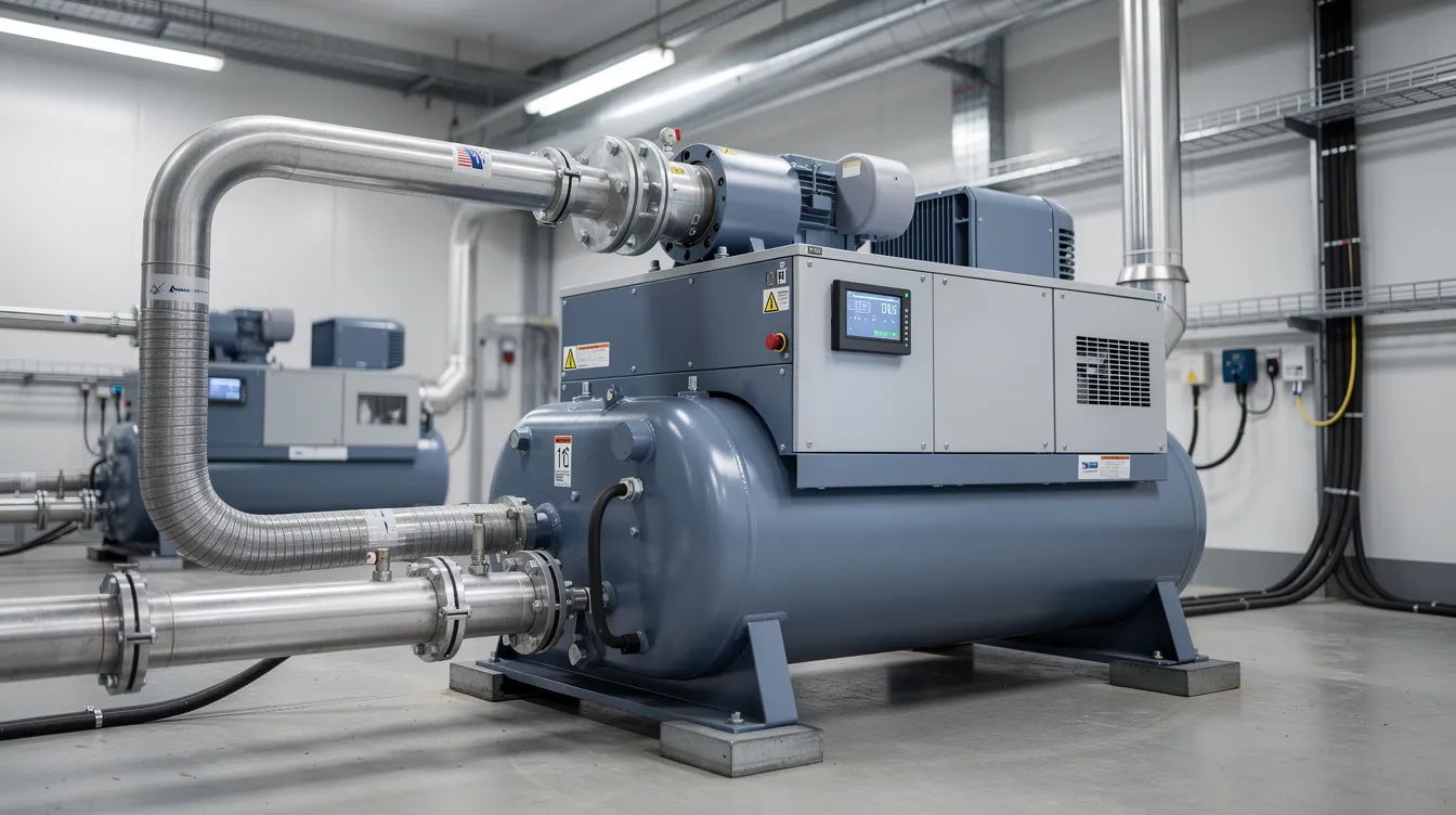 The image shows a close-up view of a large industrial rotary screw air compressor installed in a factory plant room, highlighting its internal components and mounting brackets. The air compressor, designed for efficient operation, is essential for maintaining a reliable compressed air system, and any vibration issues could indicate the need for proactive maintenance or replacement of loose mounting bolts.
