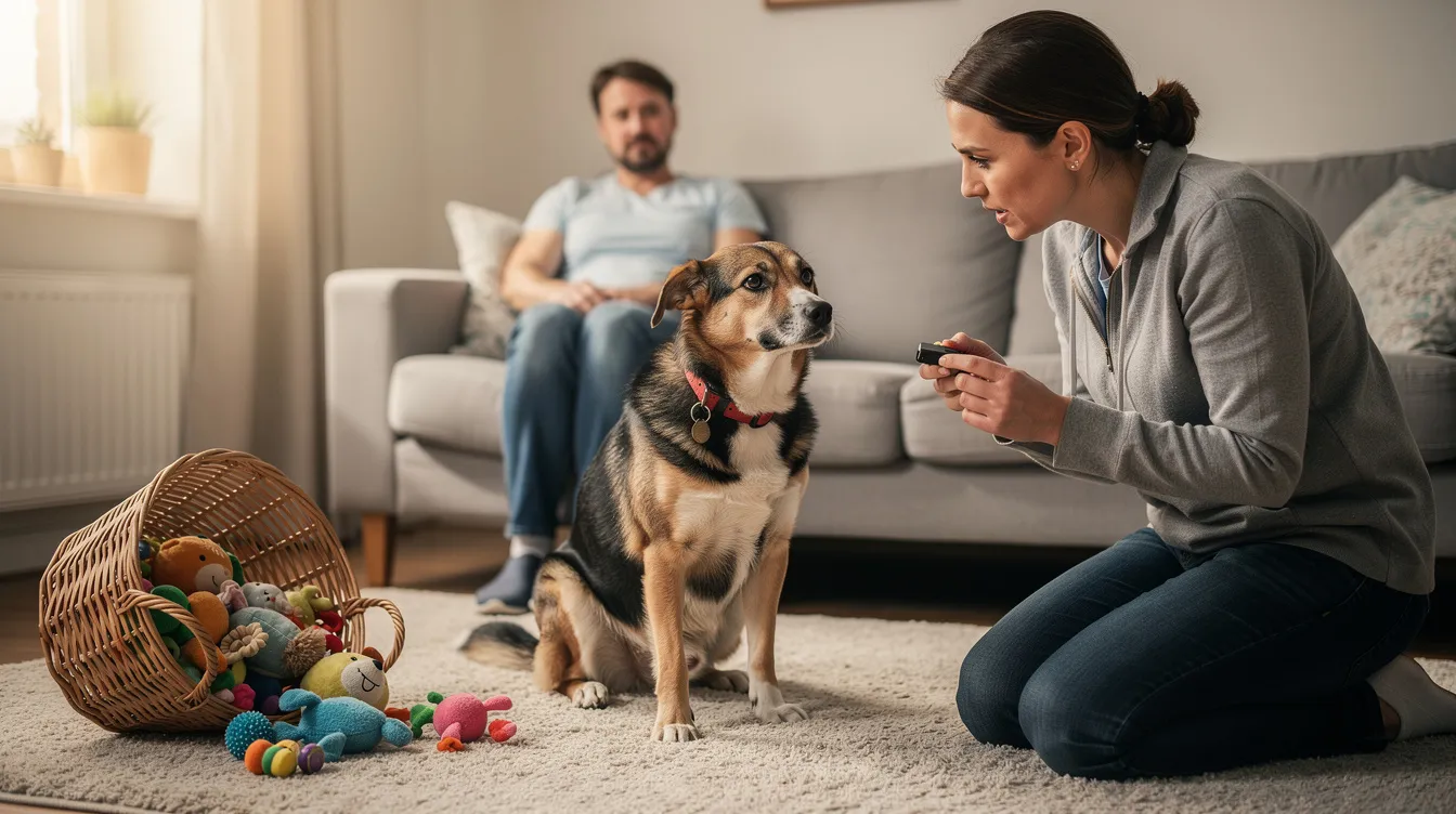 The image depicts a dog trainer engaged in a training session with a dog, using a clicker as a marker to reinforce desired behaviors. The trainer is focused on clear communication, demonstrating the positive reinforcement technique of marker training, while the dog eagerly responds, showcasing the effectiveness of this proven method in dog training.