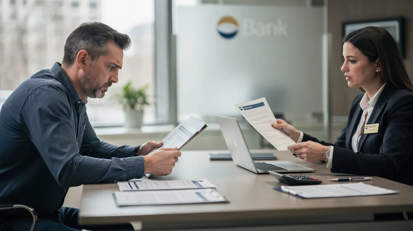 53973617 846c 450e 9f77 598afc326fa0 A small business owner appears confused while seated across from a bank officer at a desk, likely discussing the requirements for a mudra loan. The scene suggests a conversation about financial assistance, including the necessary documents such as bank statements and proof of identity, essential for securing a business loan under the Pradhan Mantri Mudra Yojana.