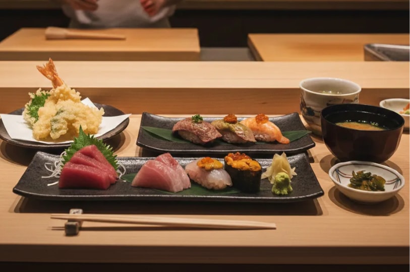 An overhead, close-up shot of a gourmet Japanese meal set on a light wooden counter. The spread includes two black ceramic plates featuring an assortment of fresh sashimi, nigiri, and uni (sea urchin). To the left is a plate of crispy shrimp and vegetable tempura, and on the right, a bowl of miso soup, a cup of tea, and a small side of pickles. A pair of wooden chopsticks rests neatly in the foreground.
