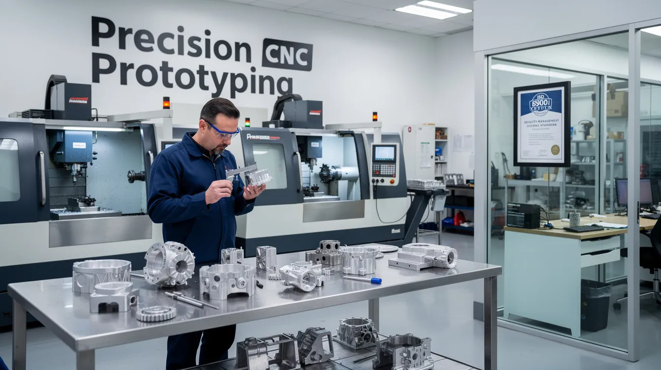 The image showcases a modern CNC machine shop, highlighting various precision CNC prototyping companies with ISO certification. It features high-tech machinery engaged in CNC machining processes, such as CNC milling and turning, emphasizing quality management systems and precision tolerances essential for producing custom parts in industries like aerospace and medical devices.