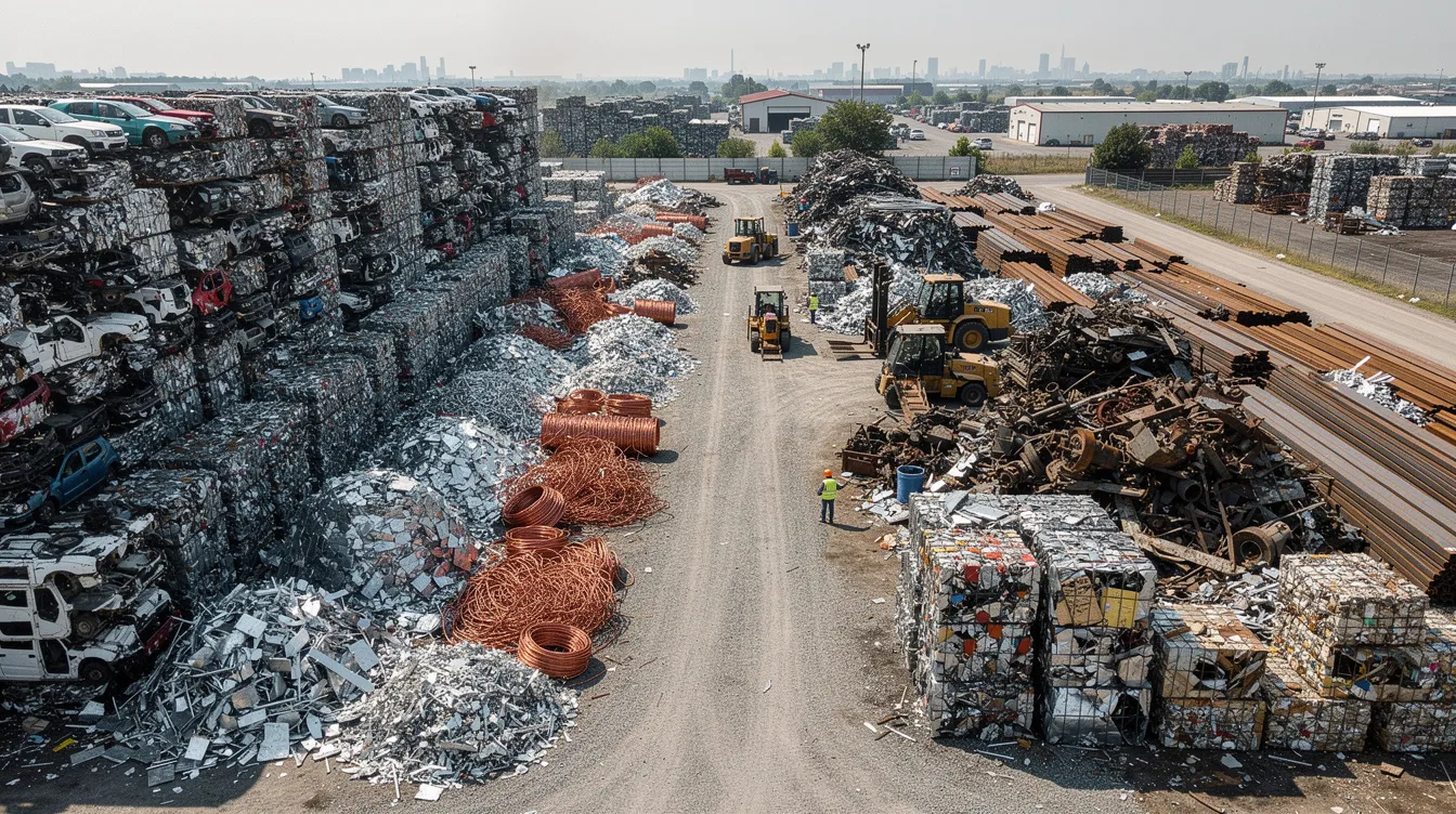 53994d10 b09b 4c11 9ceb 4d730e72acf2 The image depicts a large scrap yard featuring neatly sorted piles of various metals and materials, including metal scrap, electronic waste, and plastic scrap, showcasing the organized nature of the scrap metal business. This bustling environment highlights the importance of recycling in the scrap industry, providing a glimpse into the operations of scrap dealers and the potential for starting a scrap business.